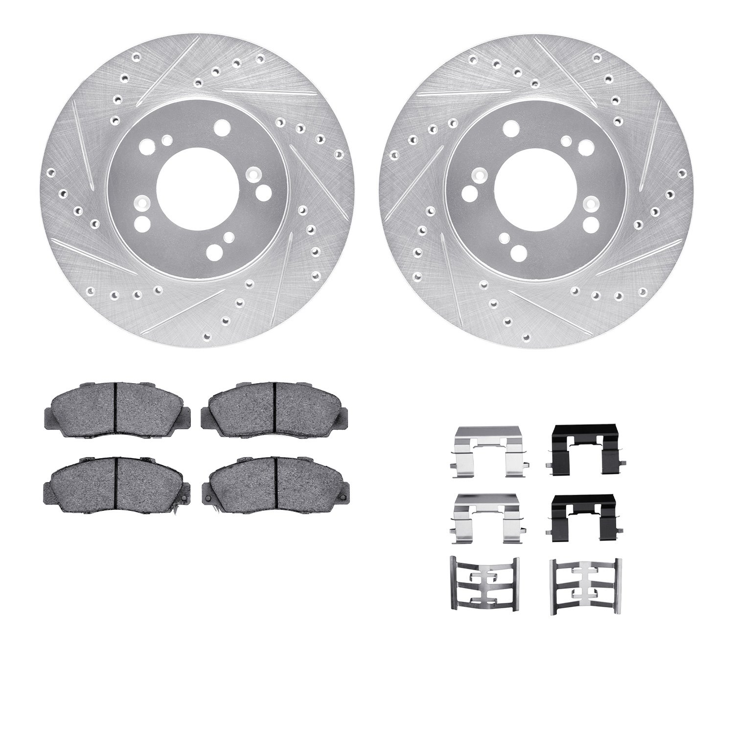 7512-58007 Drilled/Slotted Brake Rotors w/5000 Advanced Brake Pads Kit & Hardware [Silver], 1993-1995 Acura/Honda, Position: Fro