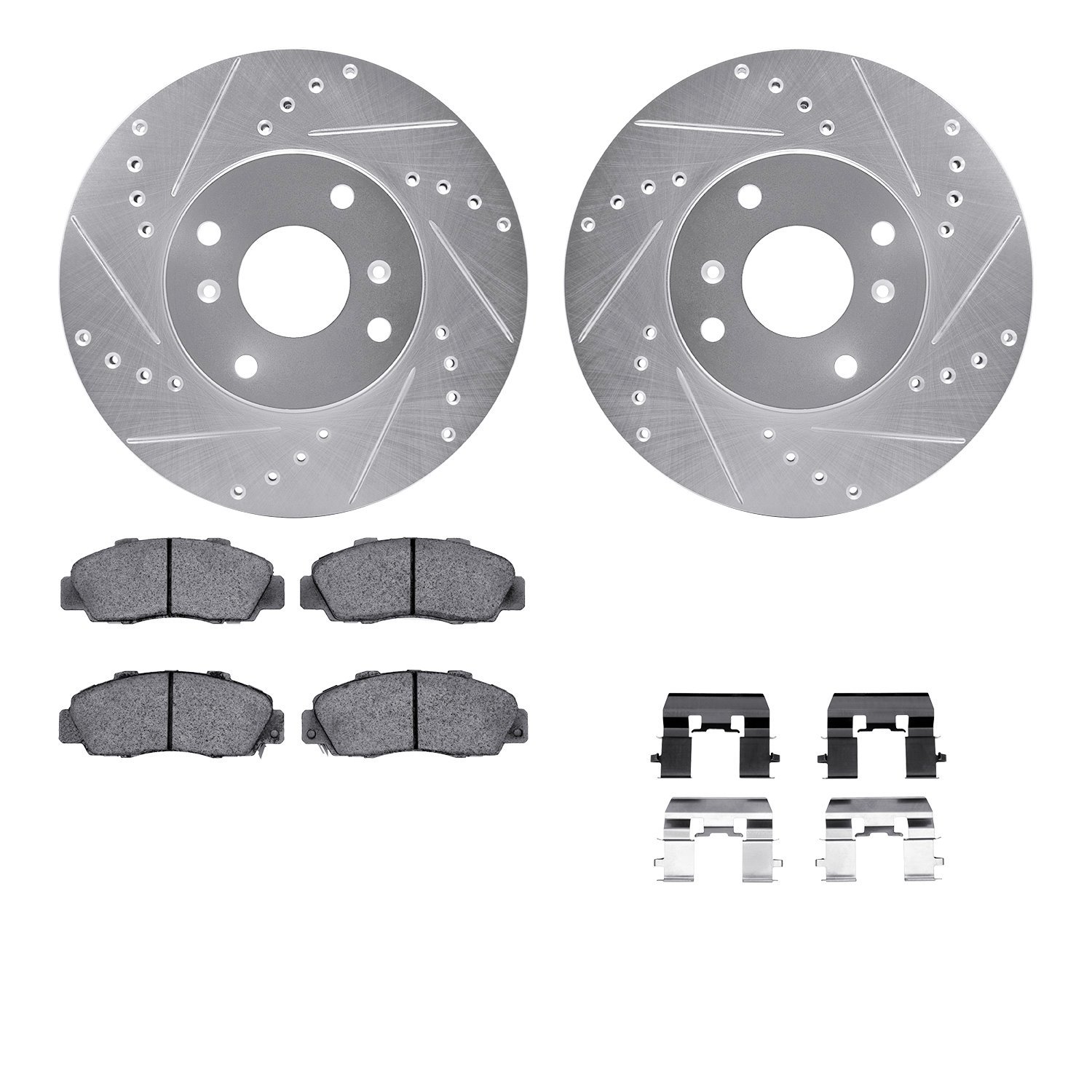 7512-58009 Drilled/Slotted Brake Rotors w/5000 Advanced Brake Pads Kit & Hardware [Silver], 1998-1999 Acura/Honda, Position: Fro