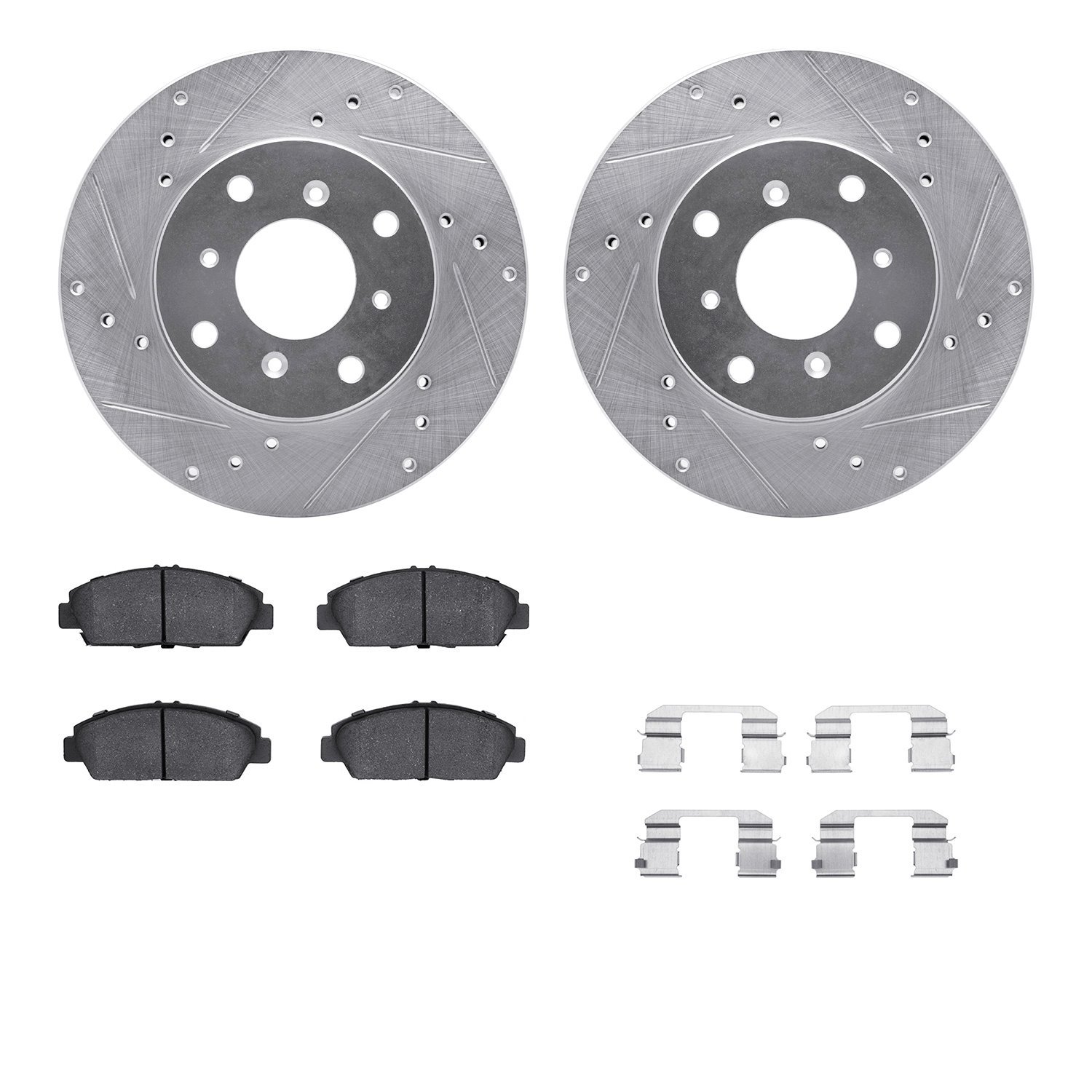 7512-59024 Drilled/Slotted Brake Rotors w/5000 Advanced Brake Pads Kit & Hardware [Silver], 1992-1996 Acura/Honda, Position: Fro