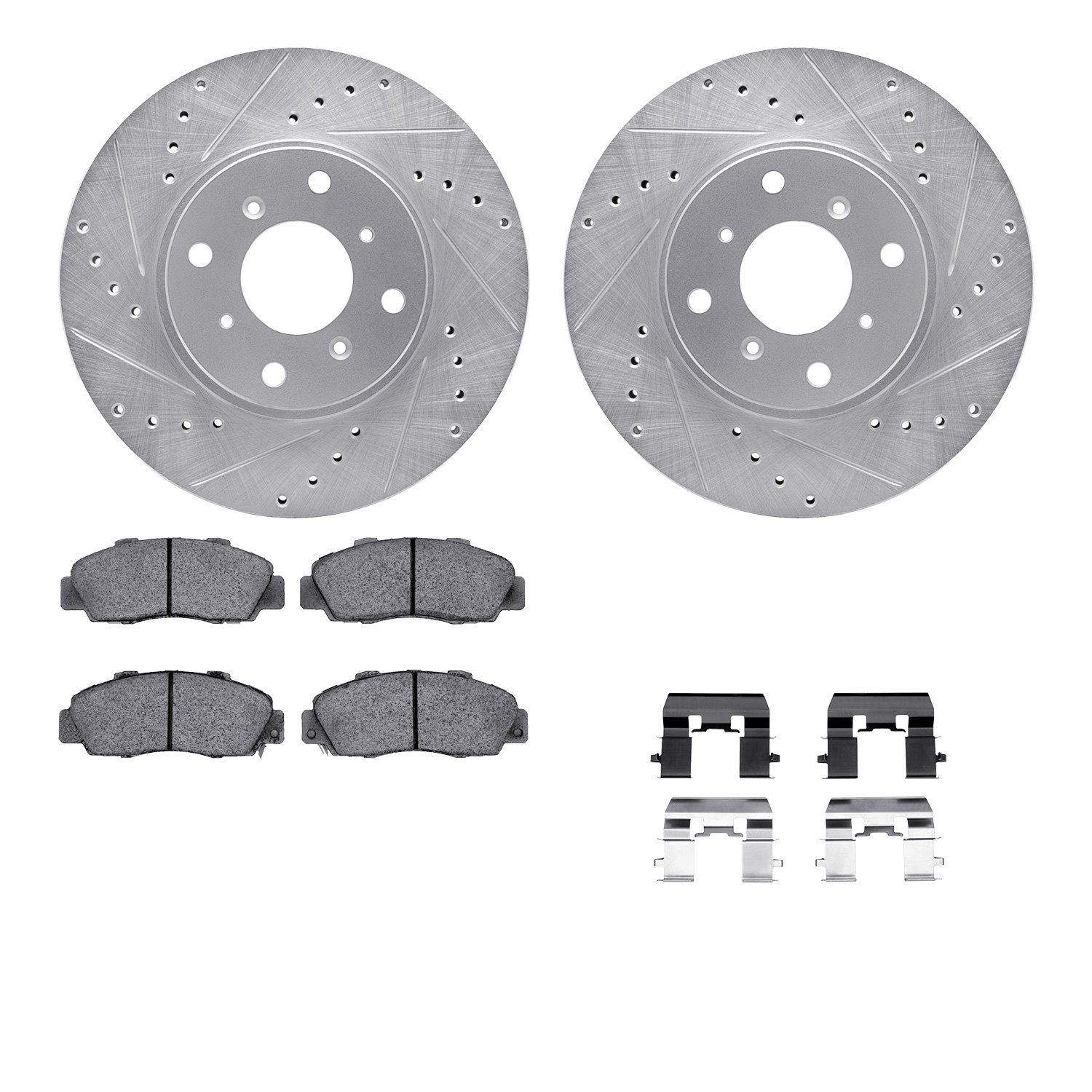 7512-59025 Drilled/Slotted Brake Rotors w/5000 Advanced Brake Pads Kit & Hardware [Silver], 1992-1996 Acura/Honda, Position: Fro