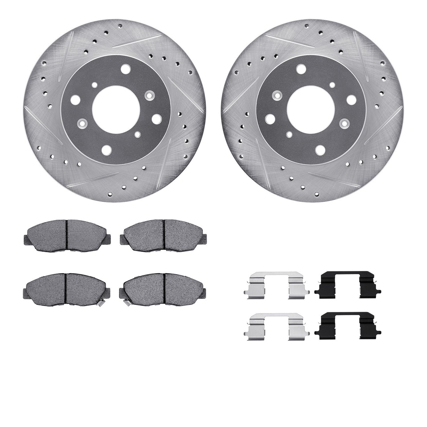 7512-59026 Drilled/Slotted Brake Rotors w/5000 Advanced Brake Pads Kit & Hardware [Silver], 1998-1999 Acura/Honda, Position: Fro