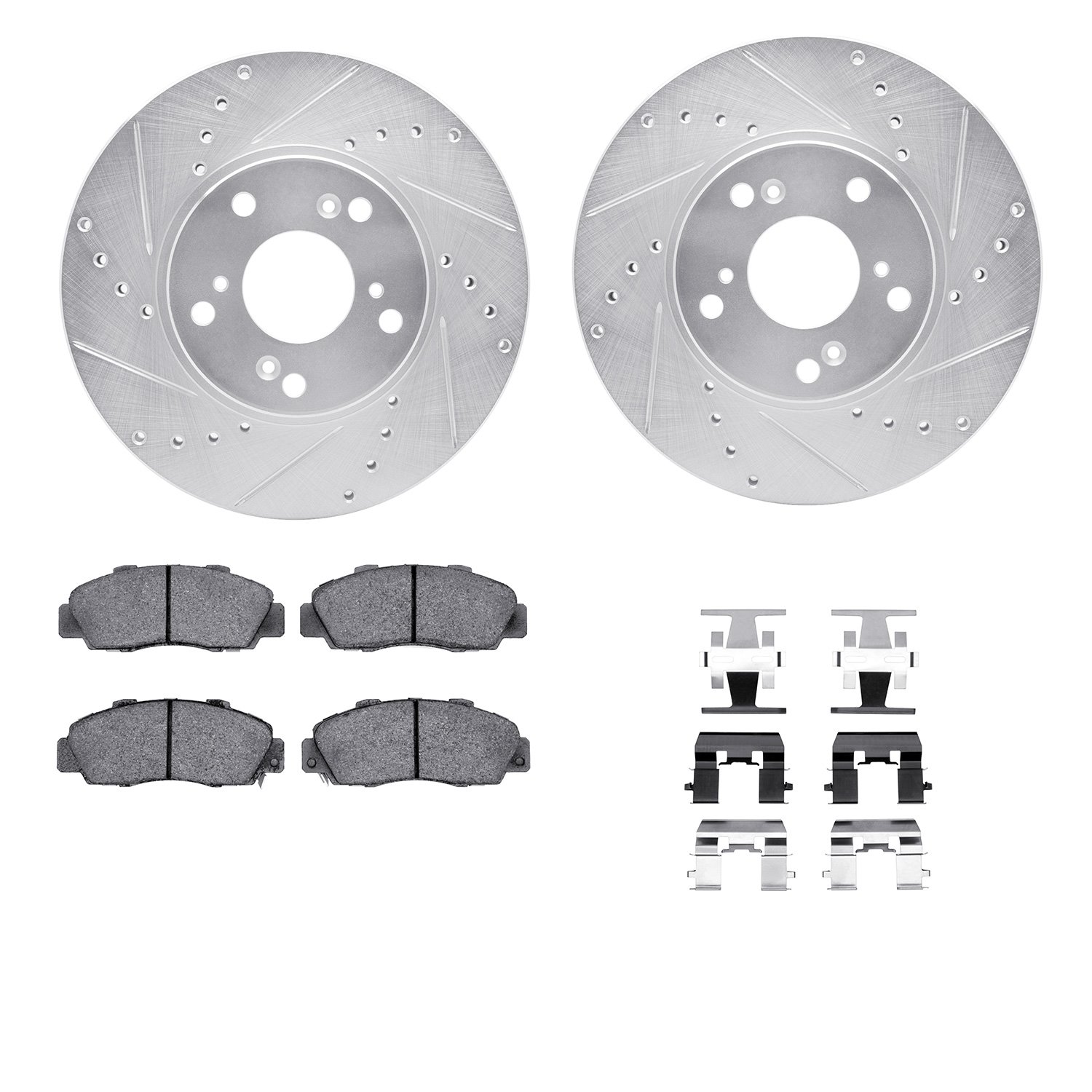 7512-59060 Drilled/Slotted Brake Rotors w/5000 Advanced Brake Pads Kit & Hardware [Silver], 1998-2002 Acura/Honda, Position: Fro