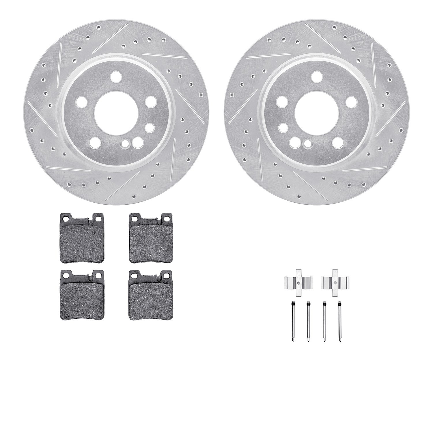 7512-63032 Drilled/Slotted Brake Rotors w/5000 Advanced Brake Pads Kit & Hardware [Silver], 1992-1999 Mercedes-Benz, Position: R