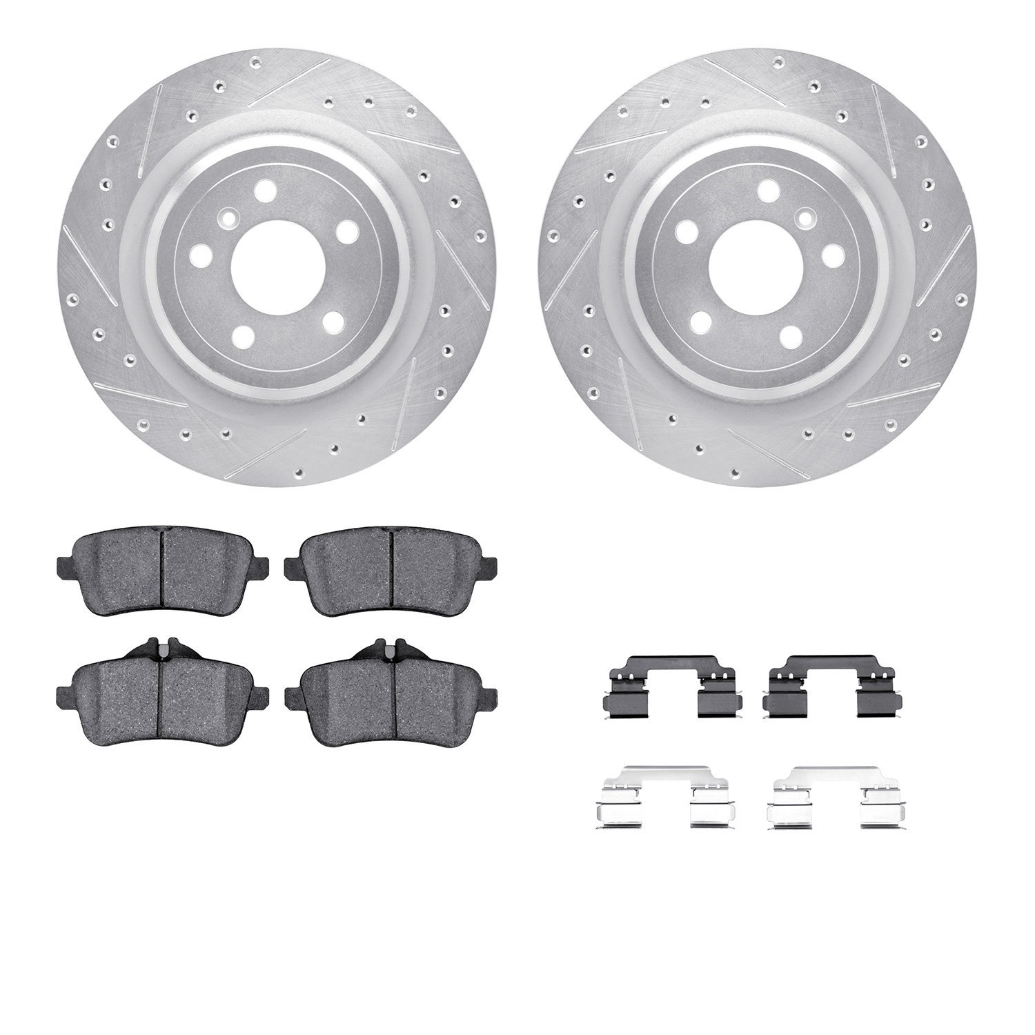 7512-63073 Drilled/Slotted Brake Rotors w/5000 Advanced Brake Pads Kit & Hardware [Silver], 2012-2019 Mercedes-Benz, Position: R
