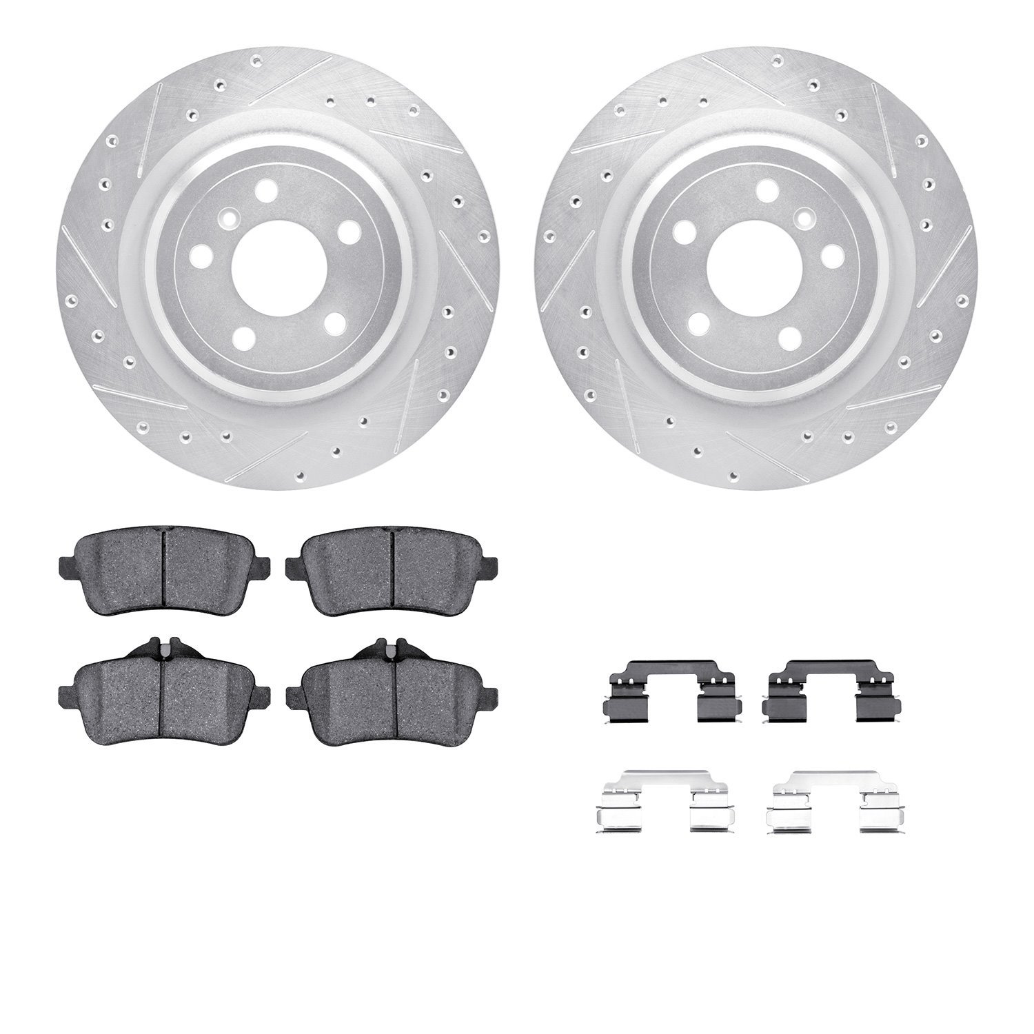 7512-63133 Drilled/Slotted Brake Rotors w/5000 Advanced Brake Pads Kit & Hardware [Silver], 2012-2019 Mercedes-Benz, Position: R