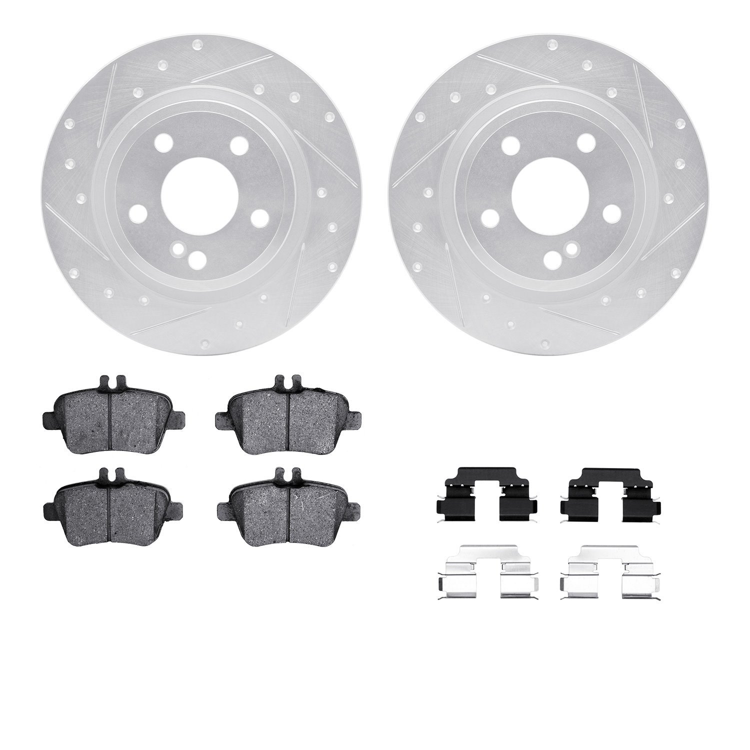7512-63139 Drilled/Slotted Brake Rotors w/5000 Advanced Brake Pads Kit & Hardware [Silver], 2014-2019 Mercedes-Benz, Position: R