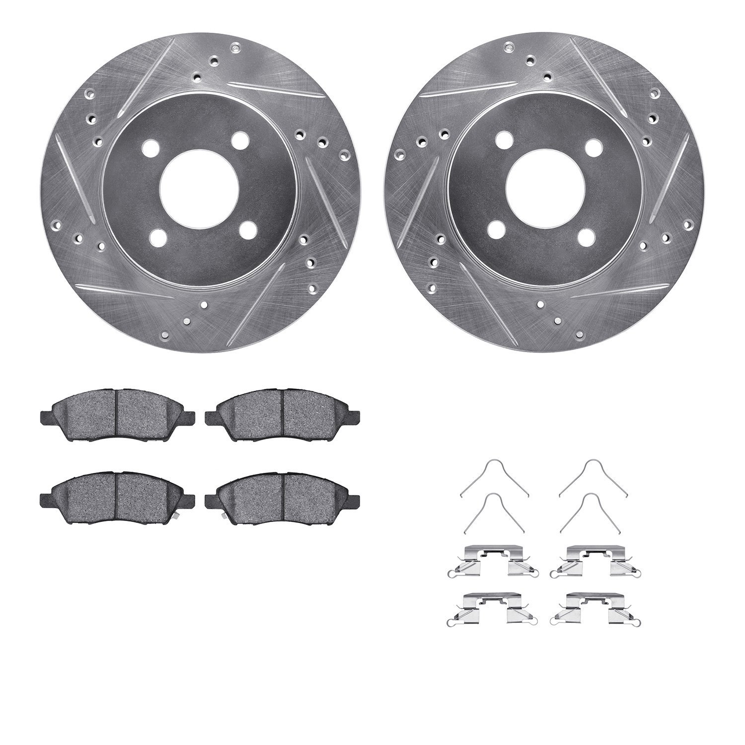 7512-67072 Drilled/Slotted Brake Rotors w/5000 Advanced Brake Pads Kit & Hardware [Silver], 2012-2019 Infiniti/Nissan, Position: