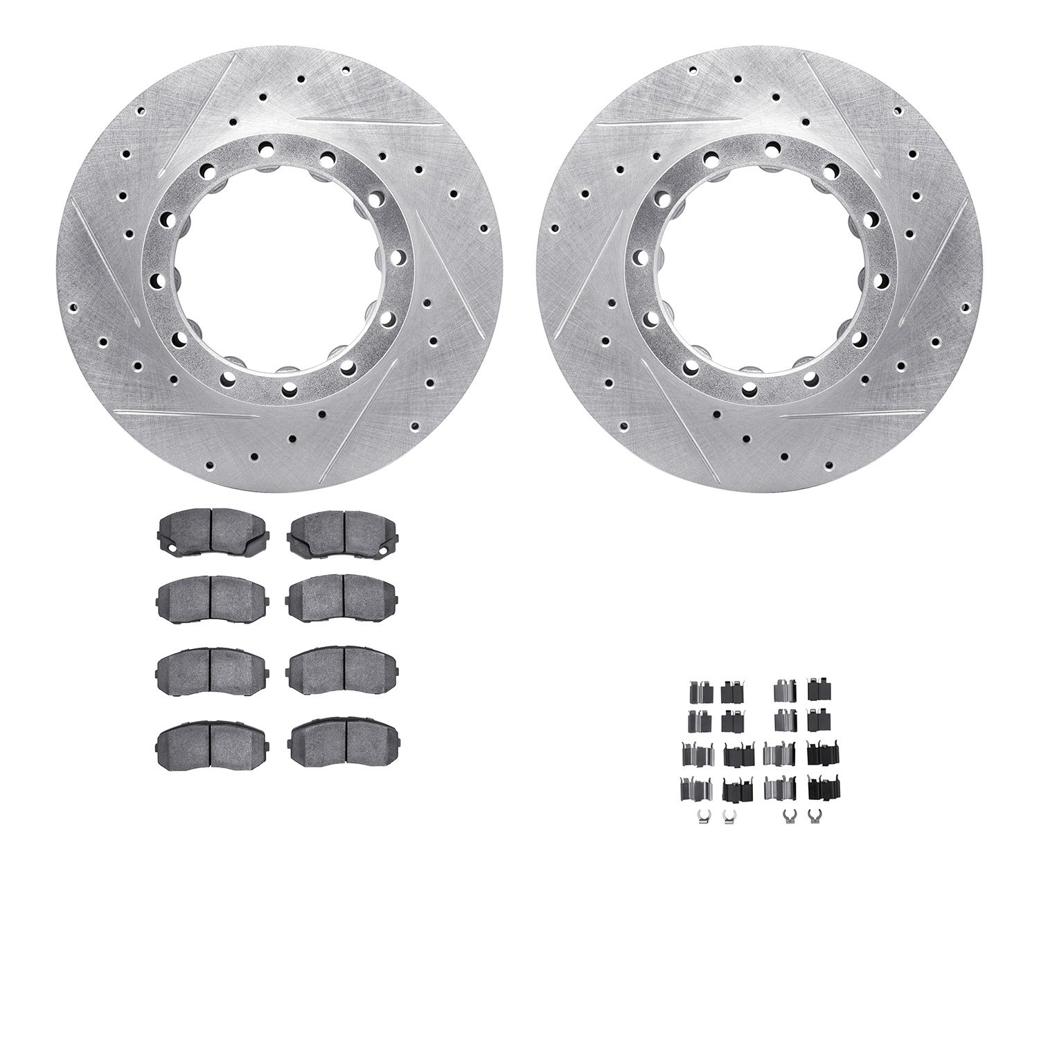 7512-72320 Drilled/Slotted Brake Rotors w/5000 Advanced Brake Pads Kit & Hardware [Silver], 2010-2011 Freightliner, Position: Re