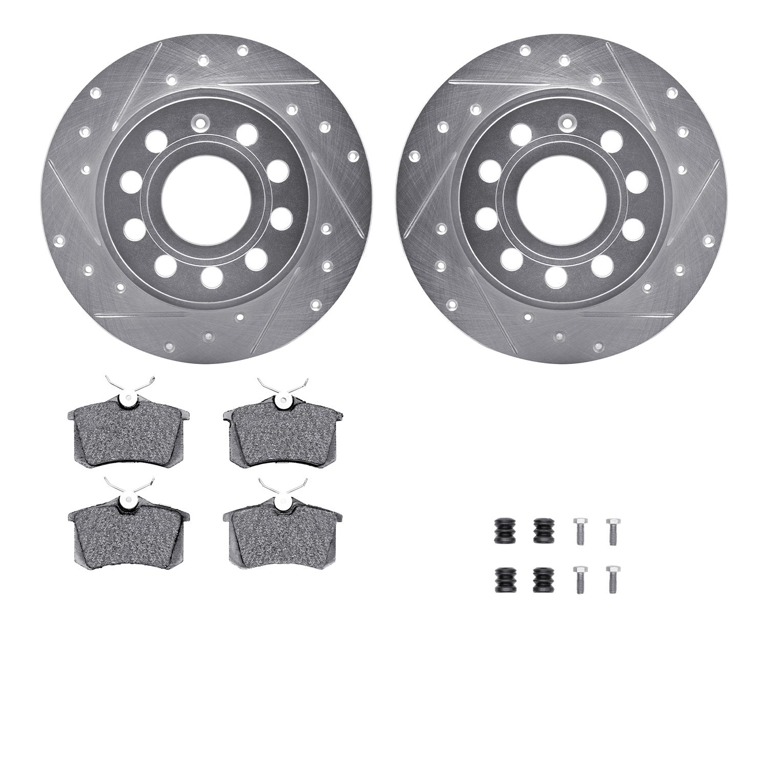 7512-74068 Drilled/Slotted Brake Rotors w/5000 Advanced Brake Pads Kit & Hardware [Silver], 2010-2013 Audi/Volkswagen, Position: