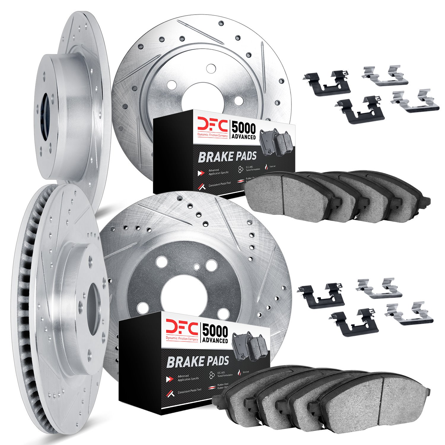7514-11015 Drilled/Slotted Brake Rotors w/5000 Advanced Brake Pads Kit & Hardware [Silver], 2016-2019 Land Rover, Position: Fron