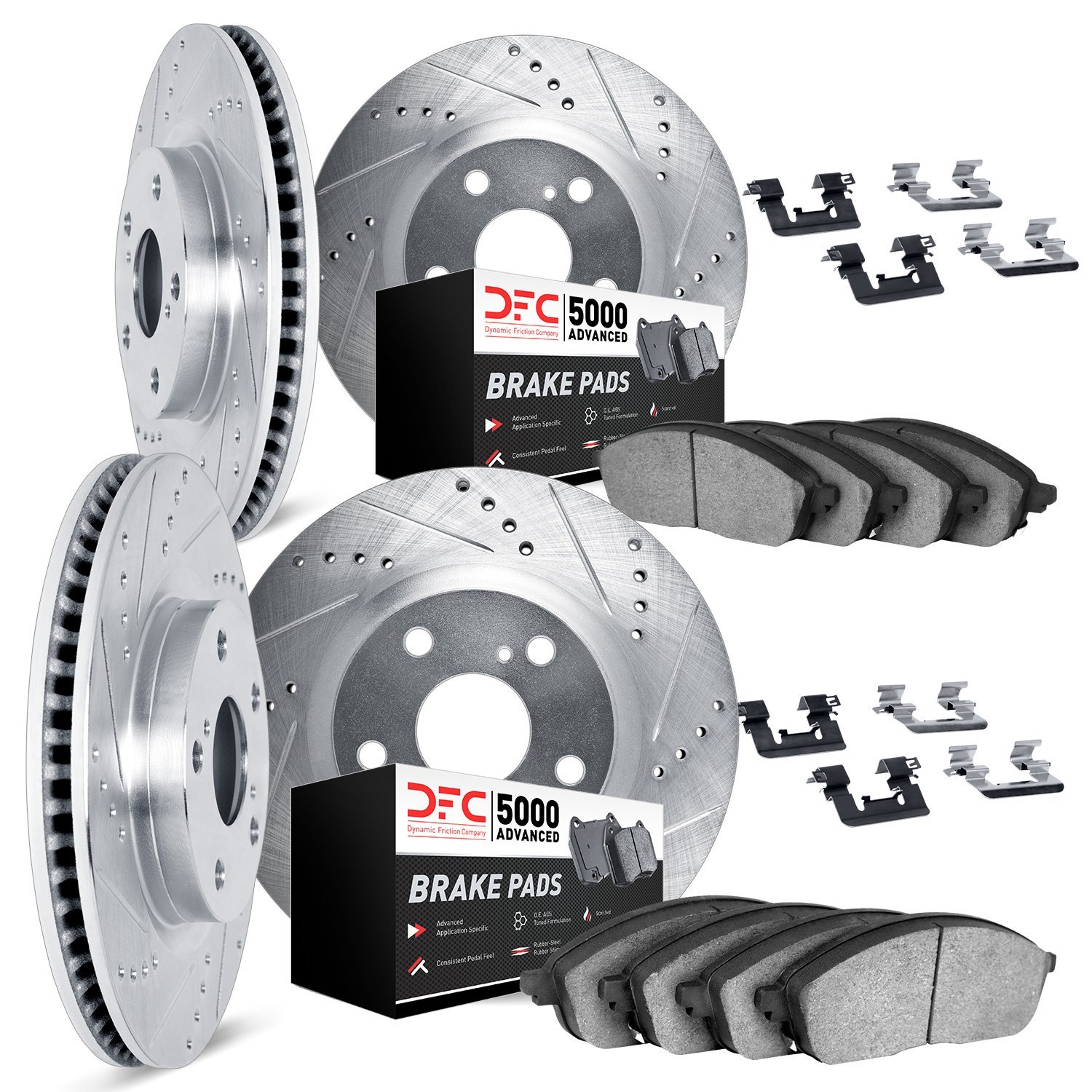 7514-31022 Drilled/Slotted Brake Rotors w/5000 Advanced Brake Pads Kit & Hardware [Silver], 2010-2015 BMW, Position: Front and R