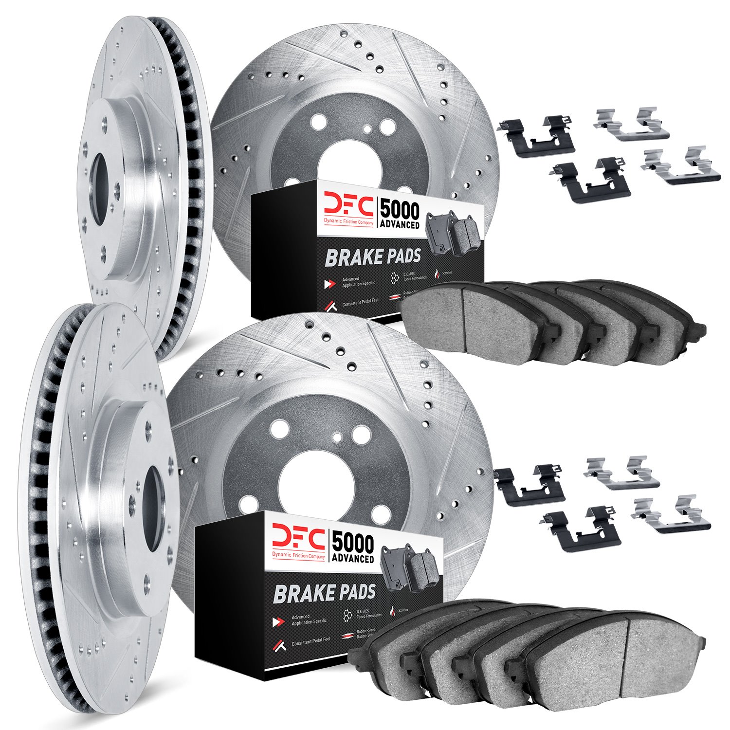 7514-31086 Drilled/Slotted Brake Rotors w/5000 Advanced Brake Pads Kit & Hardware [Silver], 2015-2018 BMW, Position: Front and R