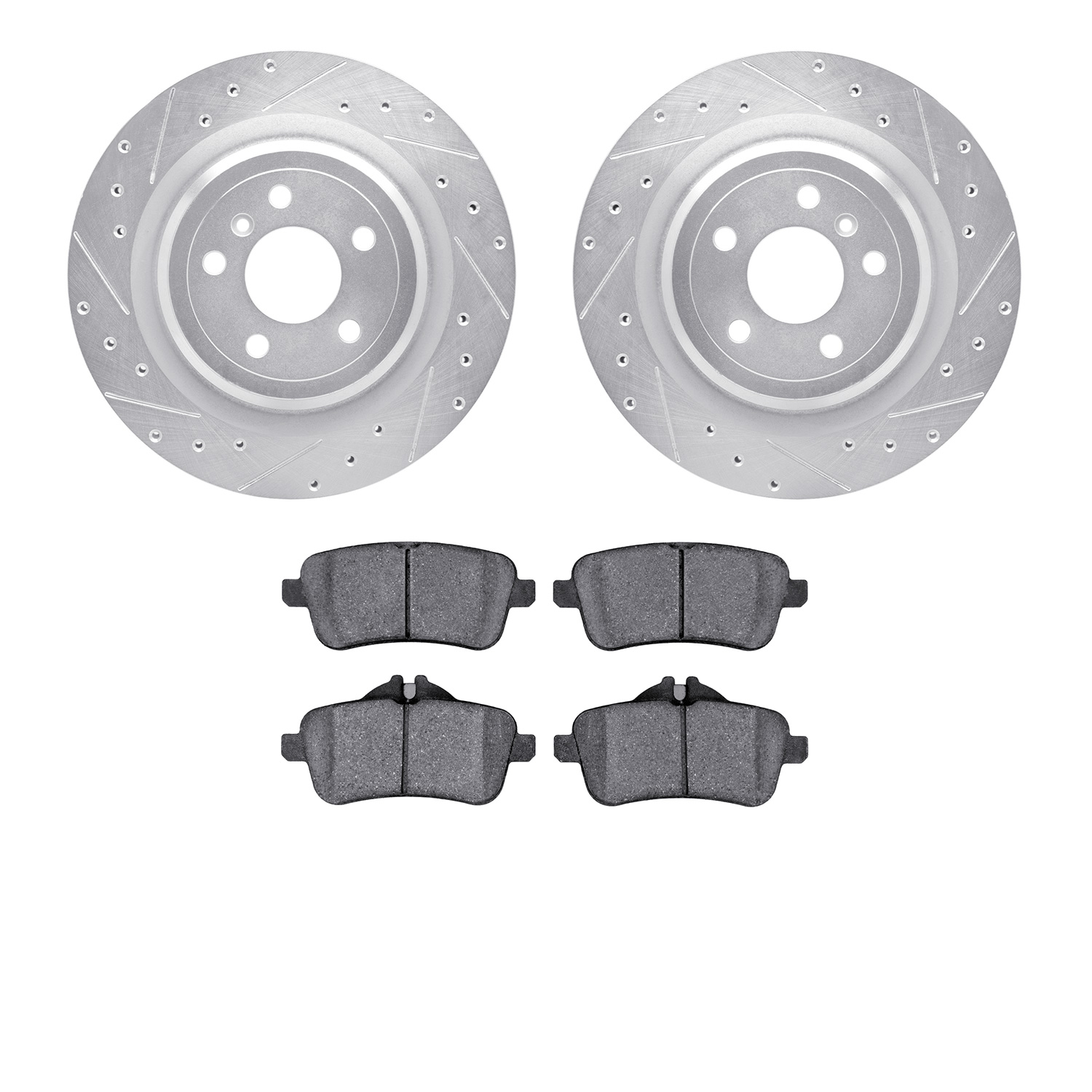 7602-63073 Drilled/Slotted Brake Rotors w/5000 Euro Ceramic Brake Pads Kit [Silver], 2012-2019 Mercedes-Benz, Position: Rear