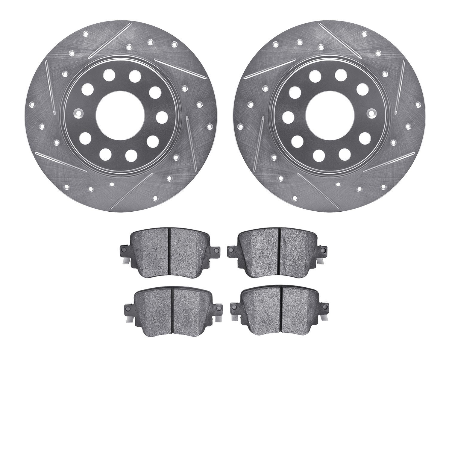 7602-74041 Drilled/Slotted Brake Rotors w/5000 Euro Ceramic Brake Pads Kit [Silver], Fits Select Audi/Volkswagen, Position: Rear