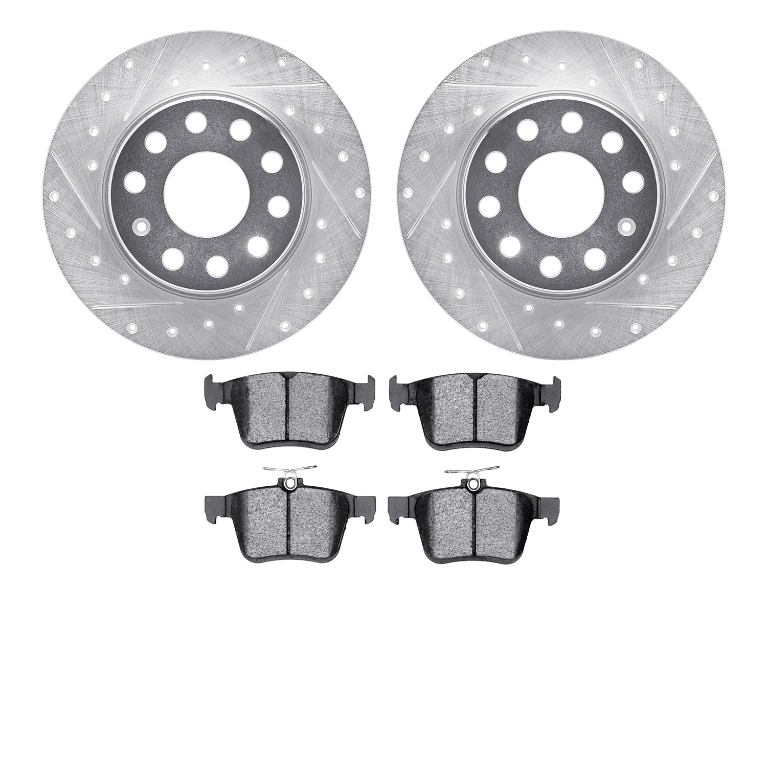7602-74062 Drilled/Slotted Brake Rotors w/5000 Euro Ceramic Brake Pads Kit [Silver], Fits Select Audi/Volkswagen, Position: Rear