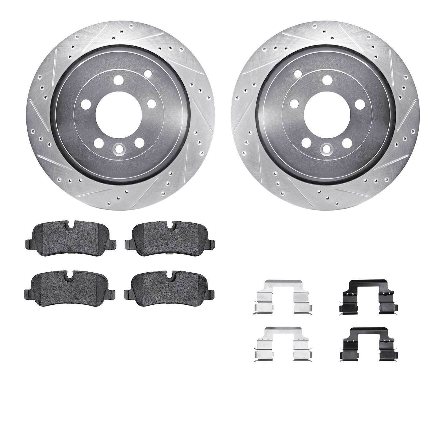 7612-11006 Drilled/Slotted Brake Rotors w/5000 Euro Ceramic Brake Pads Kit & Hardware [Silver], 2005-2016 Land Rover, Position: