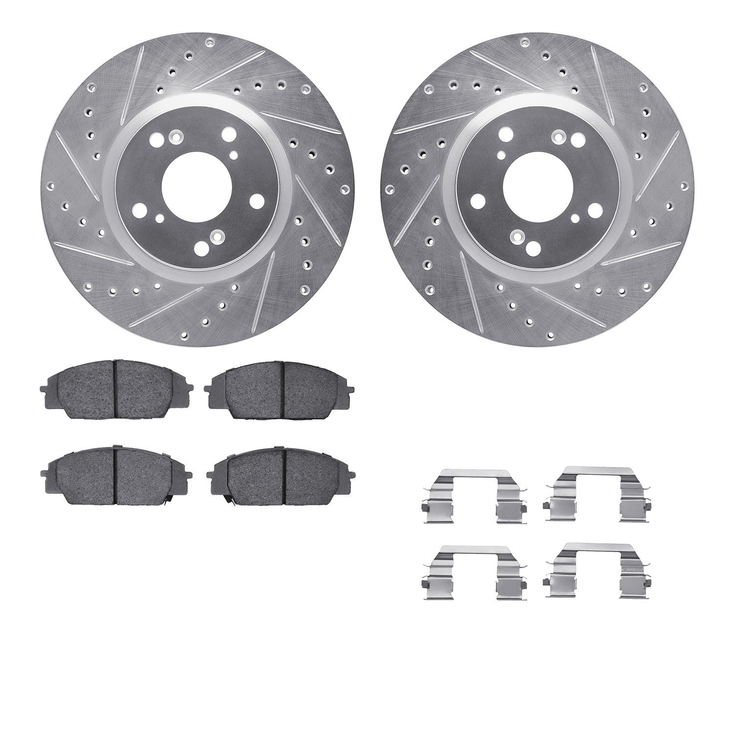 7612-59005 Drilled/Slotted Brake Rotors w/5000 Euro Ceramic Brake Pads Kit & Hardware [Silver], 2002-2011 Acura/Honda, Position: