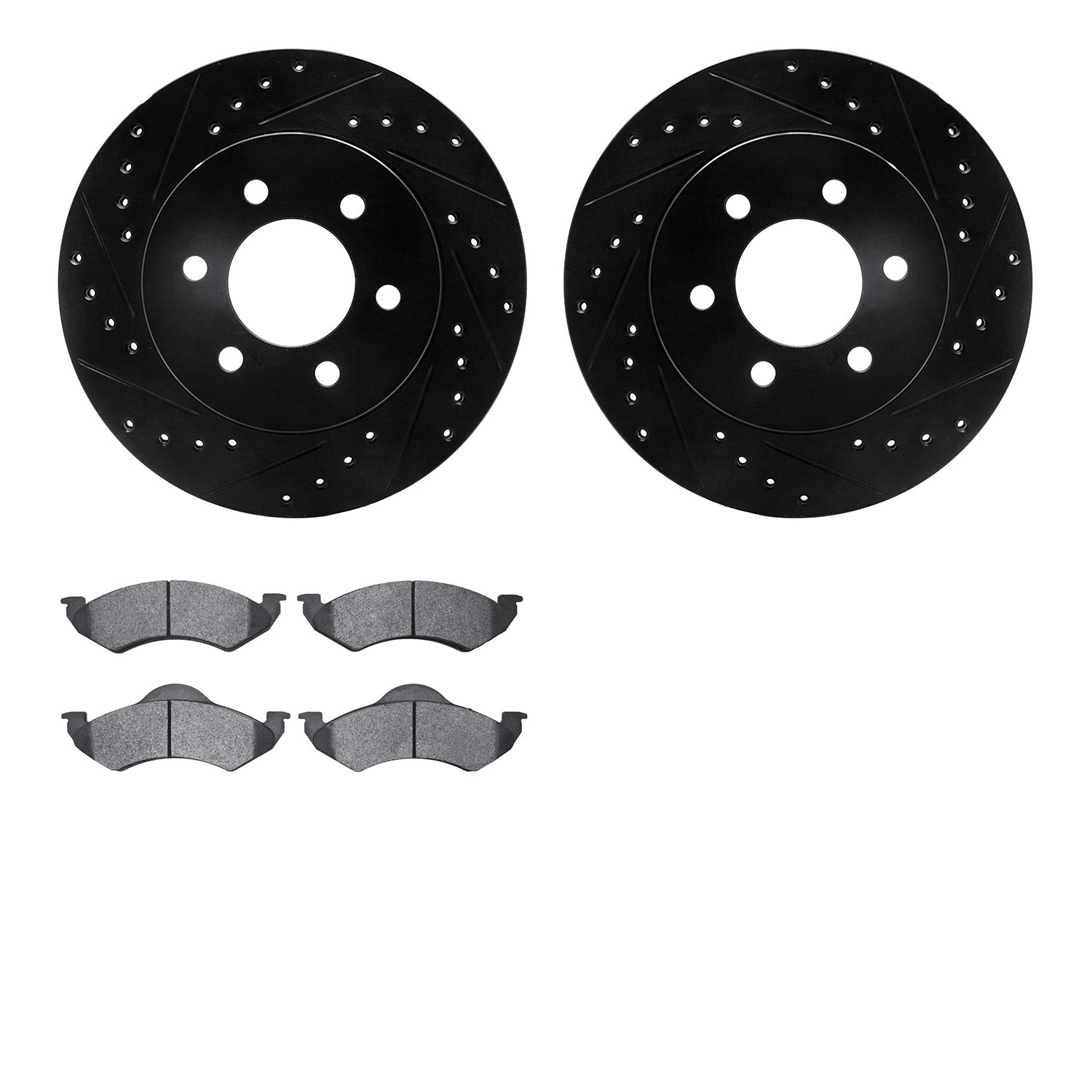 8202-40110 Drilled/Slotted Rotors w/Heavy-Duty Brake Pads Kit [Silver], 2000-2002 Mopar, Position: Front