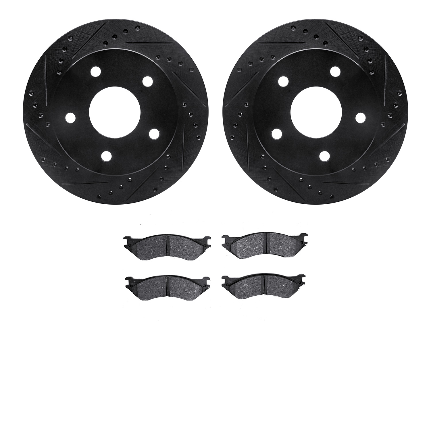 8202-40116 Drilled/Slotted Rotors w/Heavy-Duty Brake Pads Kit [Silver], 2000-2001 Mopar, Position: Front