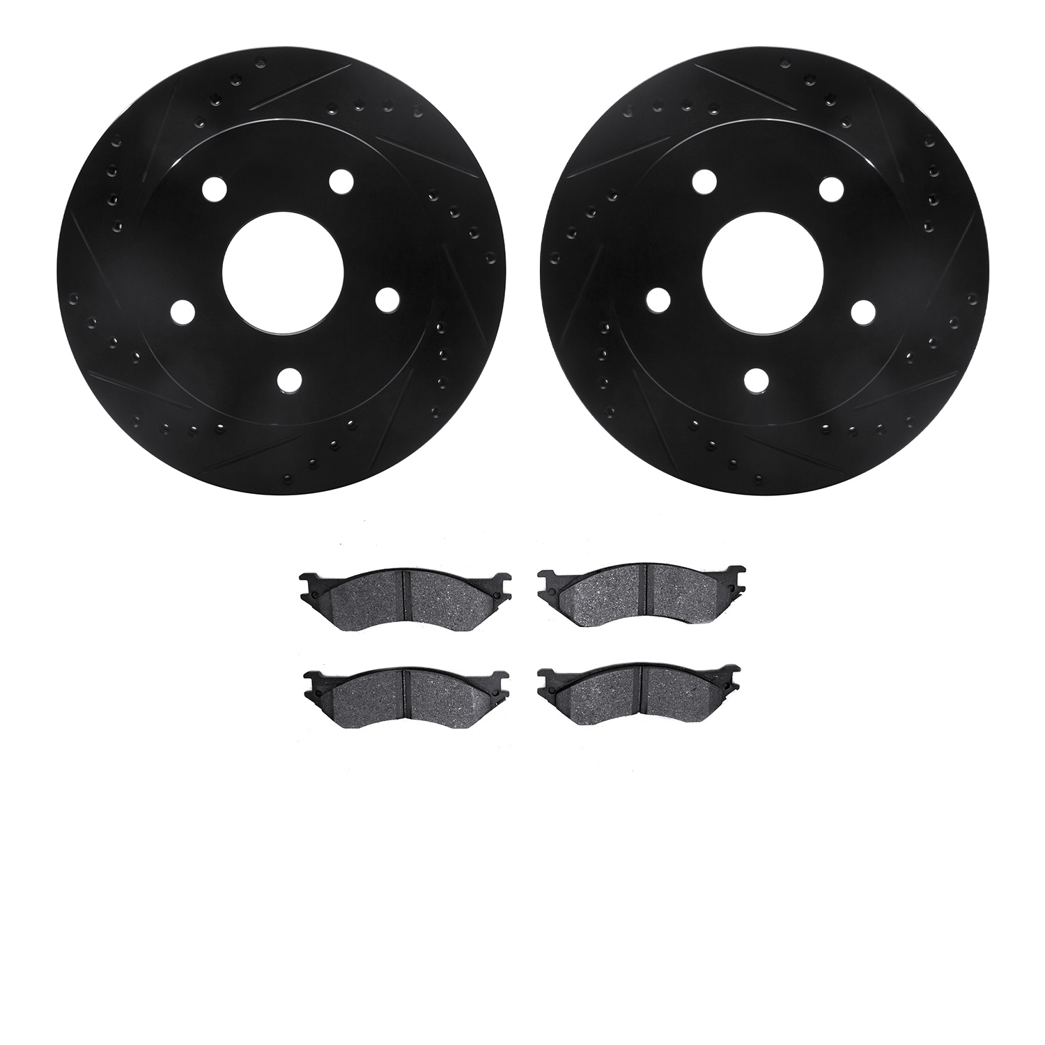 8202-40120 Drilled/Slotted Rotors w/Heavy-Duty Brake Pads Kit [Silver], 2000-2001 Mopar, Position: Front