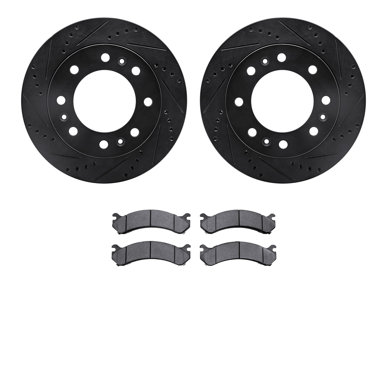 8202-46039 Drilled/Slotted Rotors w/Heavy-Duty Brake Pads Kit [Silver], 2006-2011 GM, Position: Front