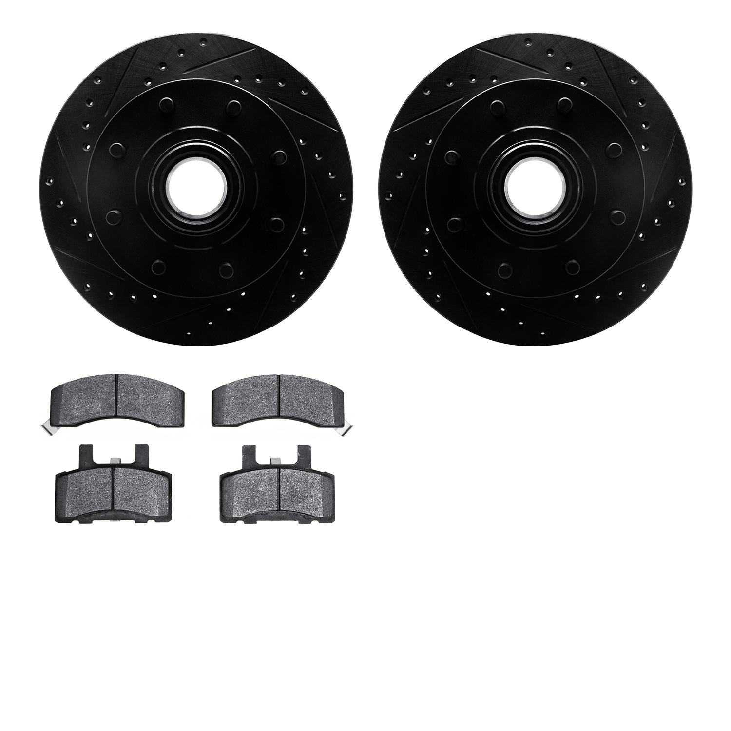 8202-48038 Drilled/Slotted Rotors w/Heavy-Duty Brake Pads Kit [Silver], 1992-2002 GM, Position: Front