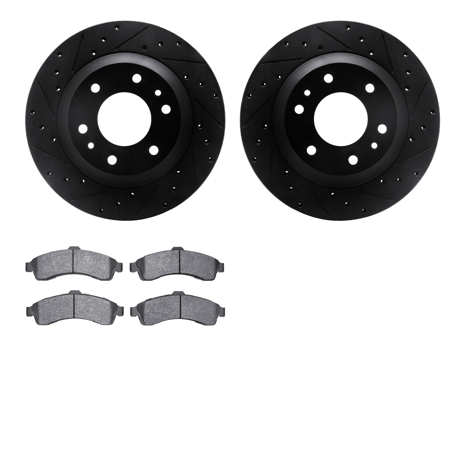 8202-48051 Drilled/Slotted Rotors w/Heavy-Duty Brake Pads Kit [Silver], 2002-2005 GM, Position: Front
