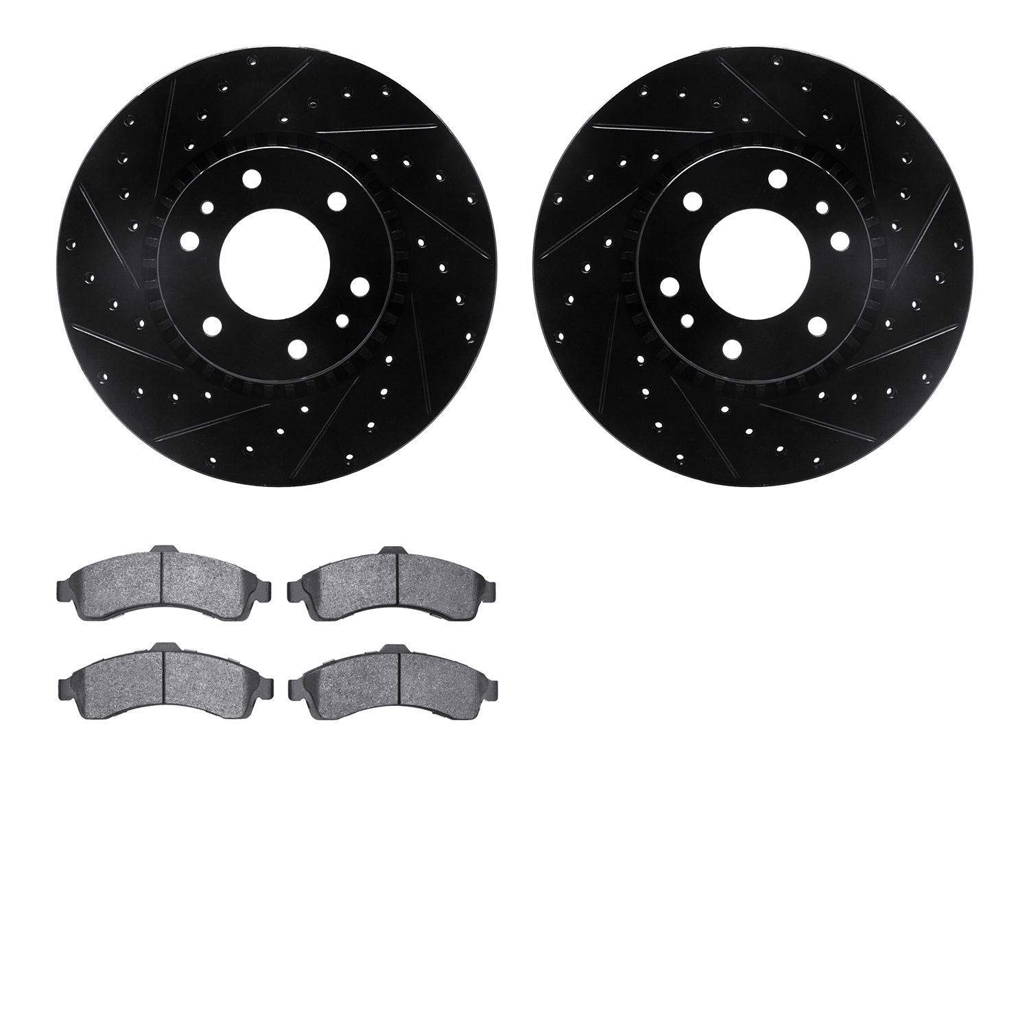 8202-48052 Drilled/Slotted Rotors w/Heavy-Duty Brake Pads Kit [Silver], 2002-2005 GM, Position: Front