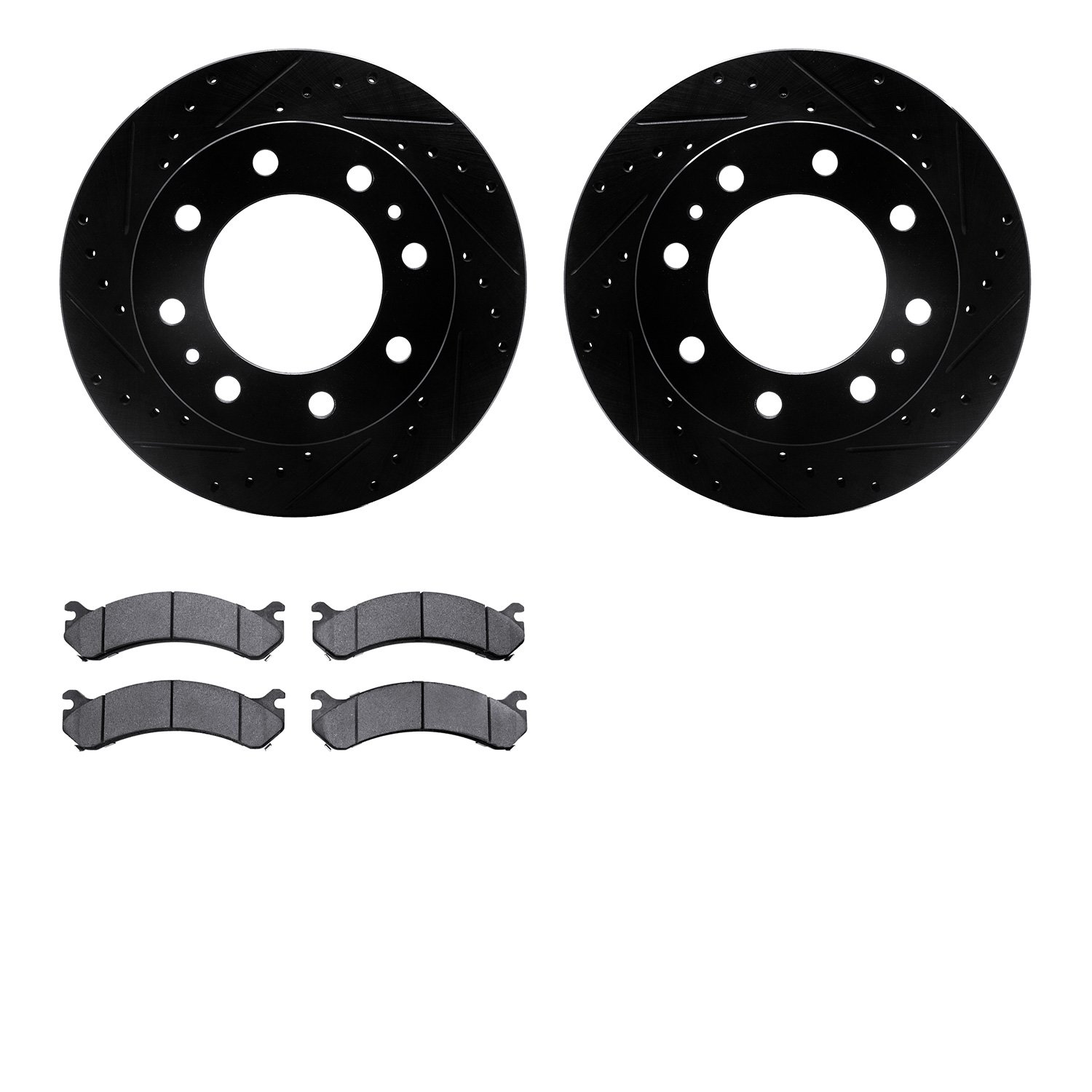 8202-48077 Drilled/Slotted Rotors w/Heavy-Duty Brake Pads Kit [Silver], 2001-2020 GM, Position: Front
