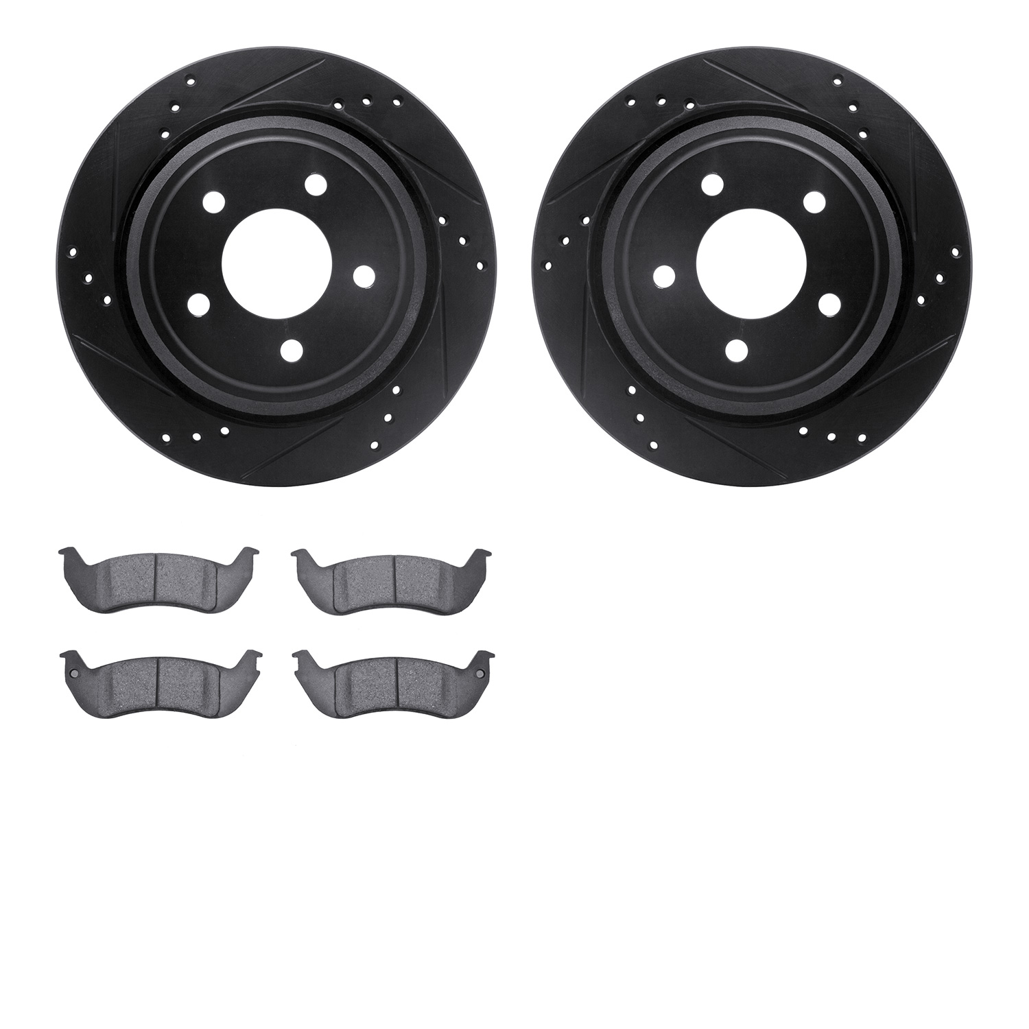 8202-54003 Drilled/Slotted Rotors w/Heavy-Duty Brake Pads Kit [Silver], 2010-2011 Ford/Lincoln/Mercury/Mazda, Position: Rear
