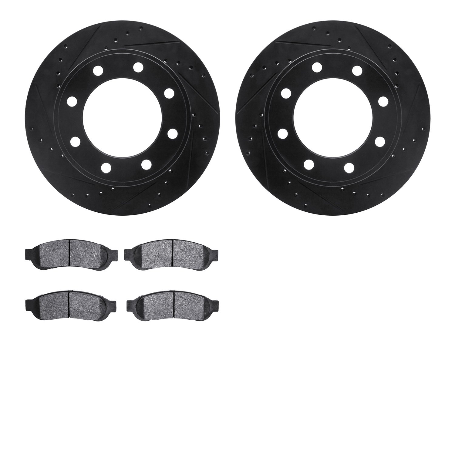 8202-99198 Drilled/Slotted Rotors w/Heavy-Duty Brake Pads Kit [Silver], 2006-2010 Ford/Lincoln/Mercury/Mazda, Position: Rear