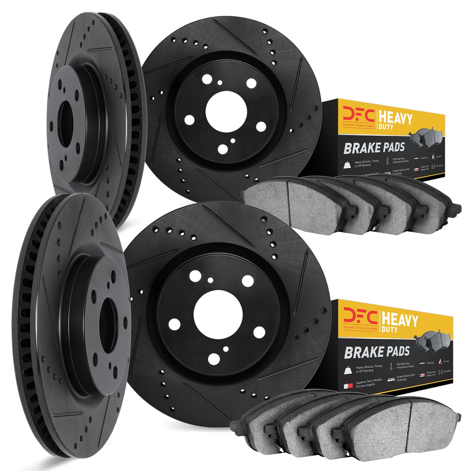 8204-40221 Drilled/Slotted Rotors w/Heavy-Duty Brake Pads Kit [Silver], 2006-2018 Mopar, Position: Front and Rear