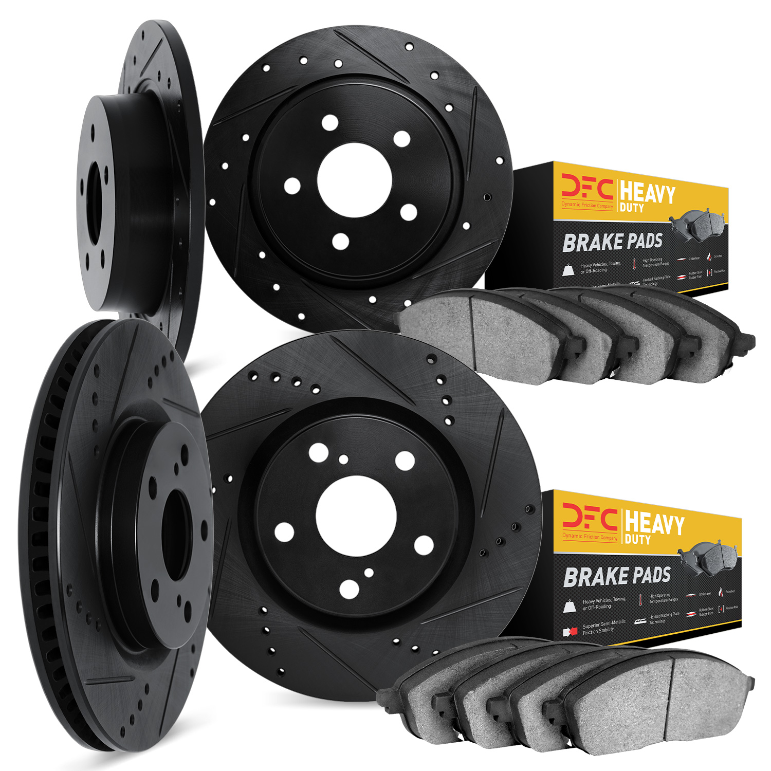 8204-42060 Drilled/Slotted Rotors w/Heavy-Duty Brake Pads Kit [Silver], 2007-2018 Mopar, Position: Front and Rear