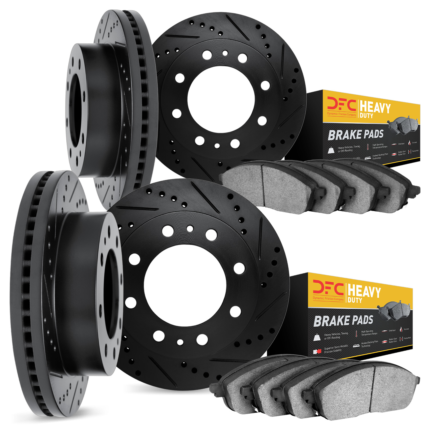 8204-48144 Drilled/Slotted Rotors w/Heavy-Duty Brake Pads Kit [Silver], 2005-2020 GM, Position: Front and Rear