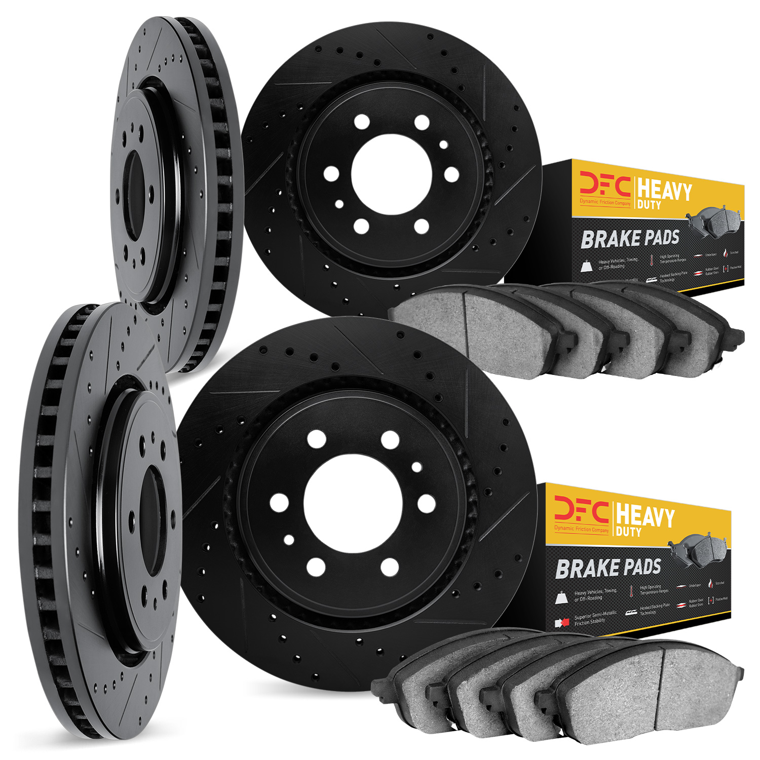 8204-67002 Drilled/Slotted Rotors w/Heavy-Duty Brake Pads Kit [Silver], Fits Select Infiniti/Nissan, Position: Front and Rear