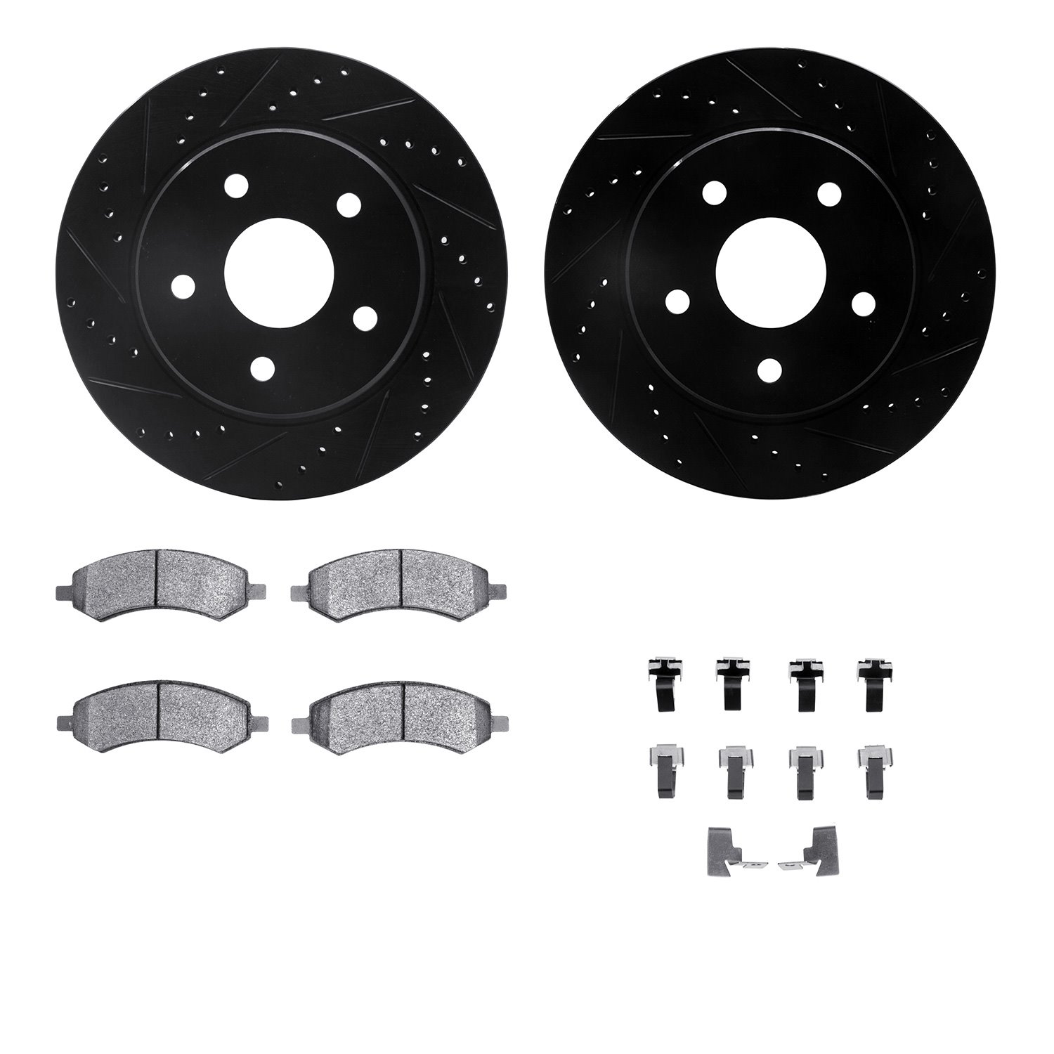 8212-40163 Drilled/Slotted Rotors w/Heavy-Duty Brake Pads Kit & Hardware [Black], 2006-2018 Mopar, Position: Front