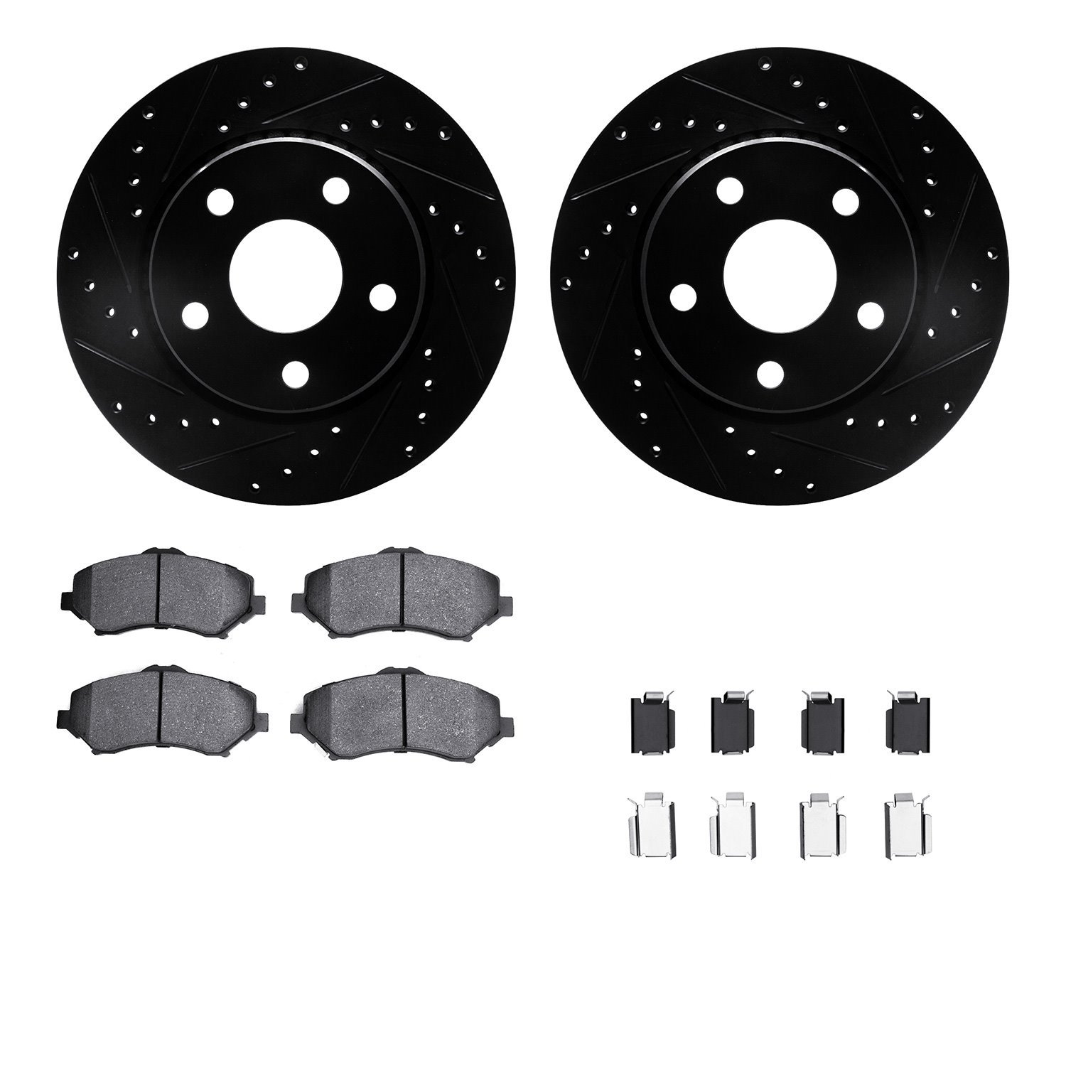 8212-42103 Drilled/Slotted Rotors w/Heavy-Duty Brake Pads Kit & Hardware [Black], 2007-2018 Mopar, Position: Front