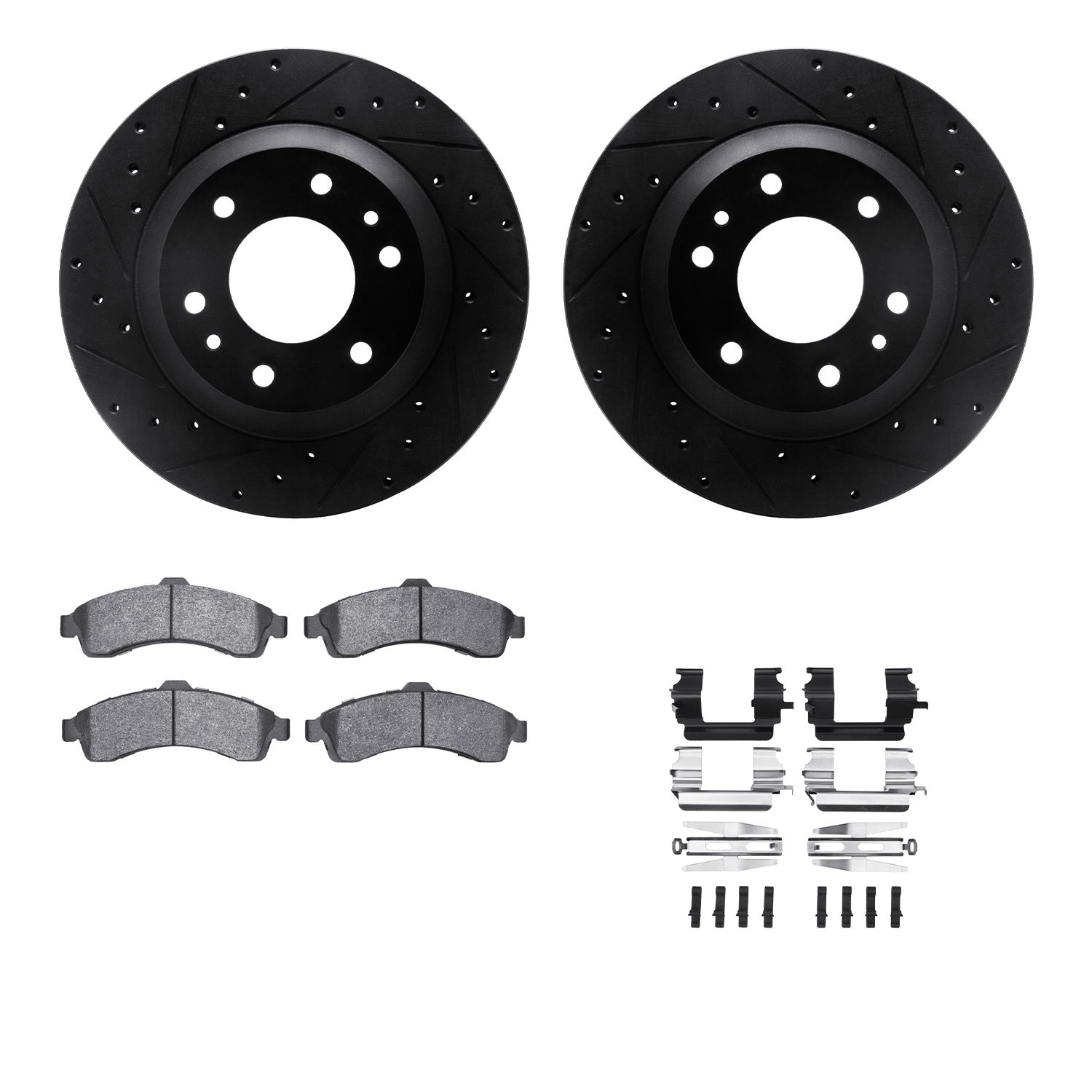 8212-48019 Drilled/Slotted Rotors w/Heavy-Duty Brake Pads Kit & Hardware [Black], 2002-2005 GM, Position: Front