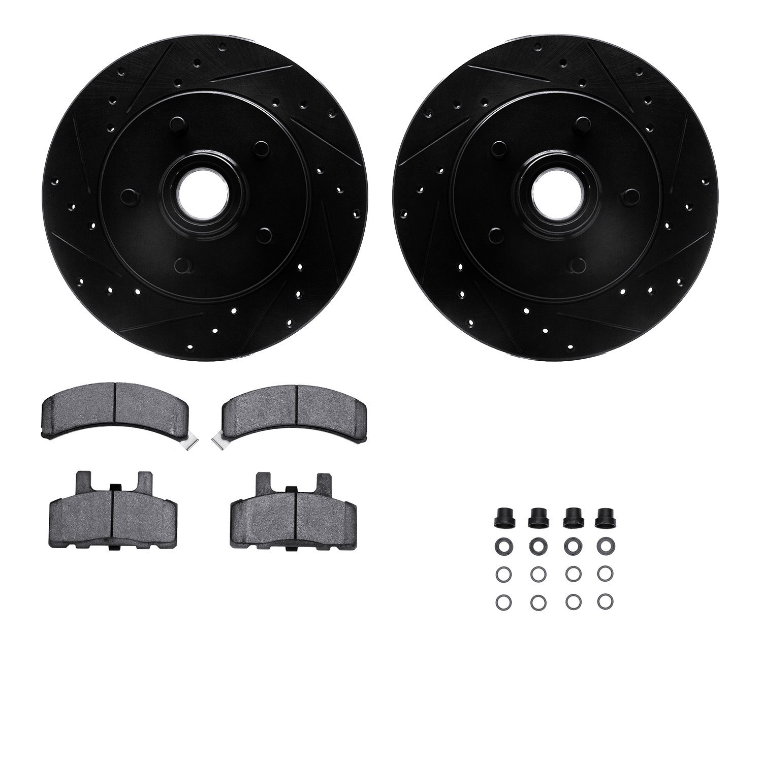 8212-48080 Drilled/Slotted Rotors w/Heavy-Duty Brake Pads Kit & Hardware [Black], 1988-1994 GM, Position: Front