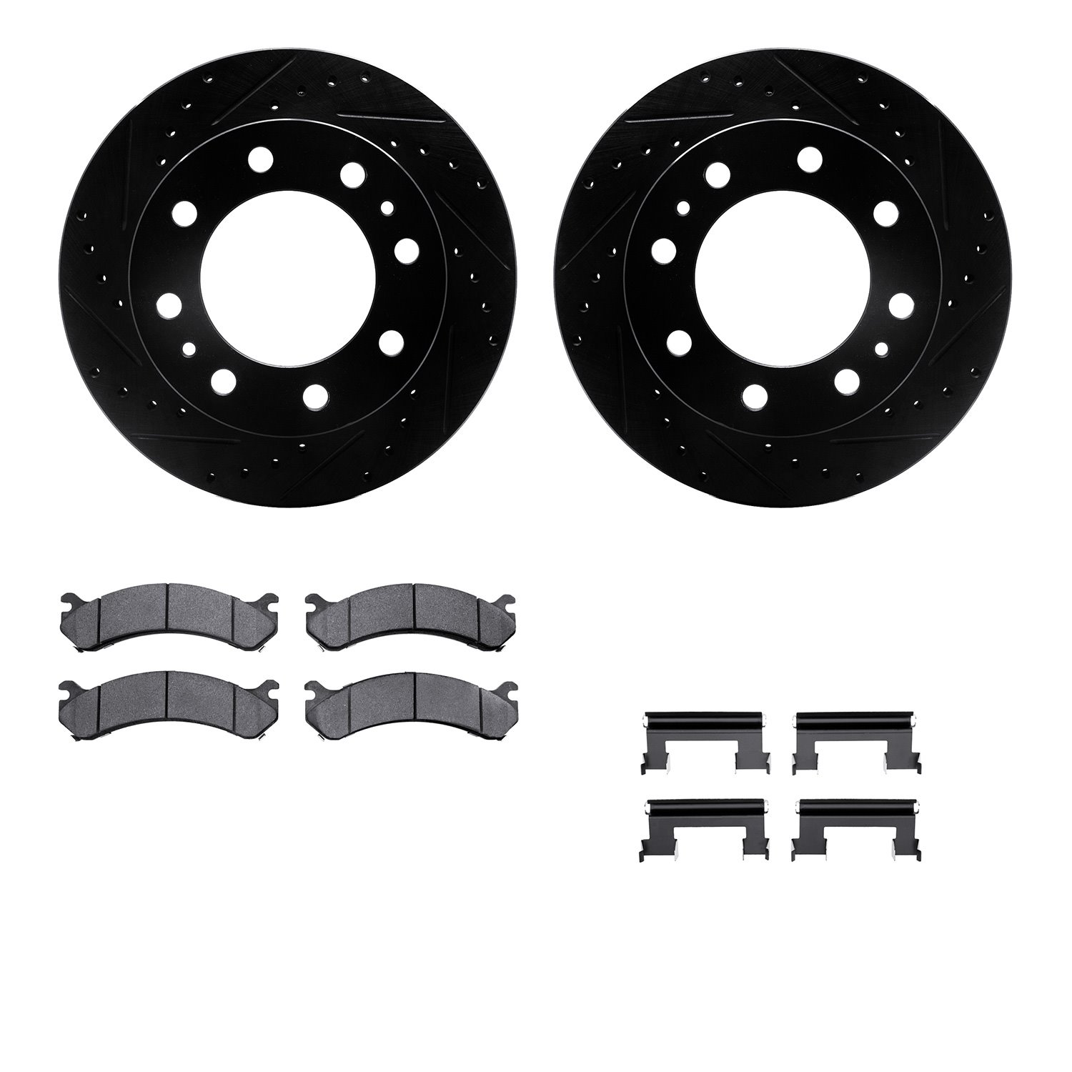 8212-48145 Drilled/Slotted Rotors w/Heavy-Duty Brake Pads Kit & Hardware [Black], 2001-2020 GM, Position: Front