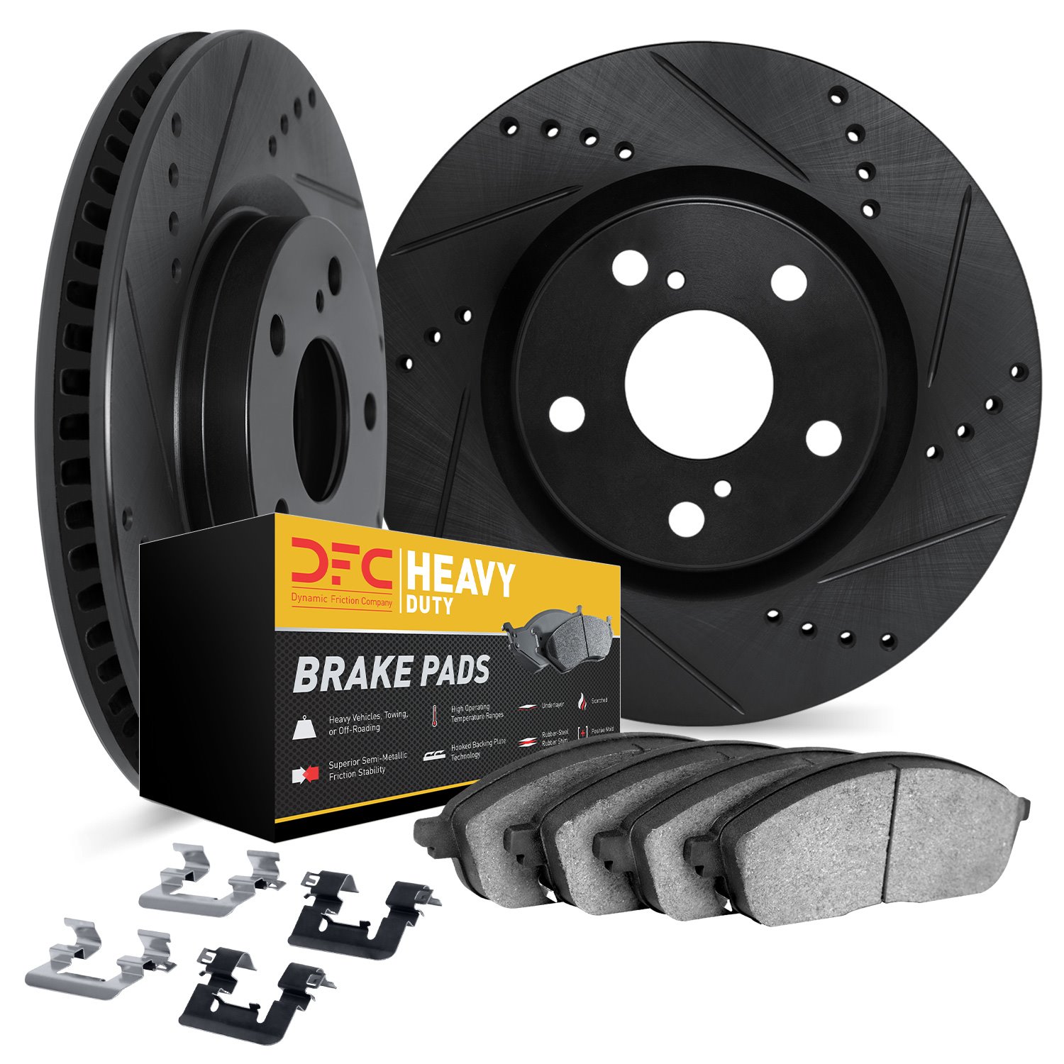 8212-99079 Drilled/Slotted Rotors w/Heavy-Duty Brake Pads Kit & Hardware [Black], 1973-1985 Ford/Lincoln/Mercury/Mazda, Position
