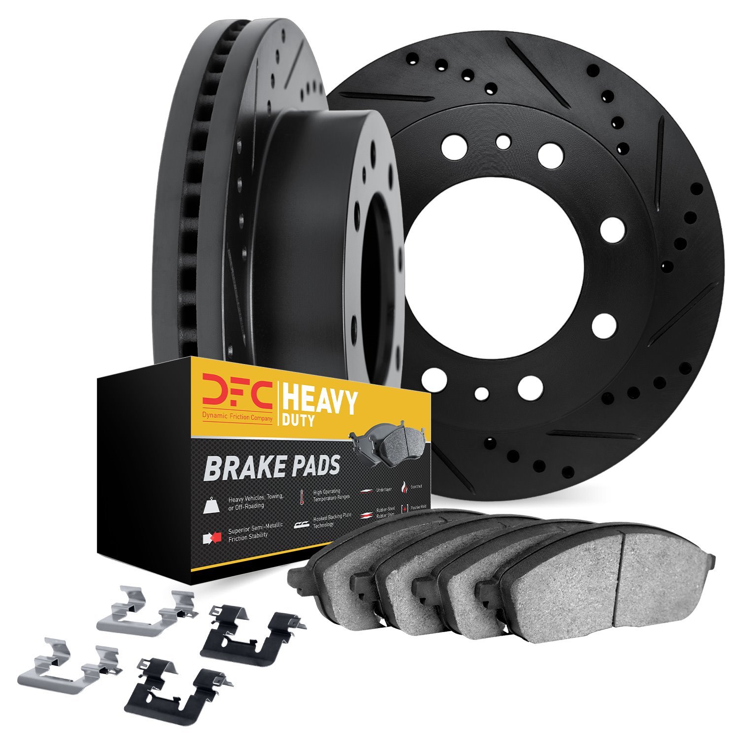 8212-99088 Drilled/Slotted Rotors w/Heavy-Duty Brake Pads Kit & Hardware [Black], 1980-1985 Ford/Lincoln/Mercury/Mazda, Position
