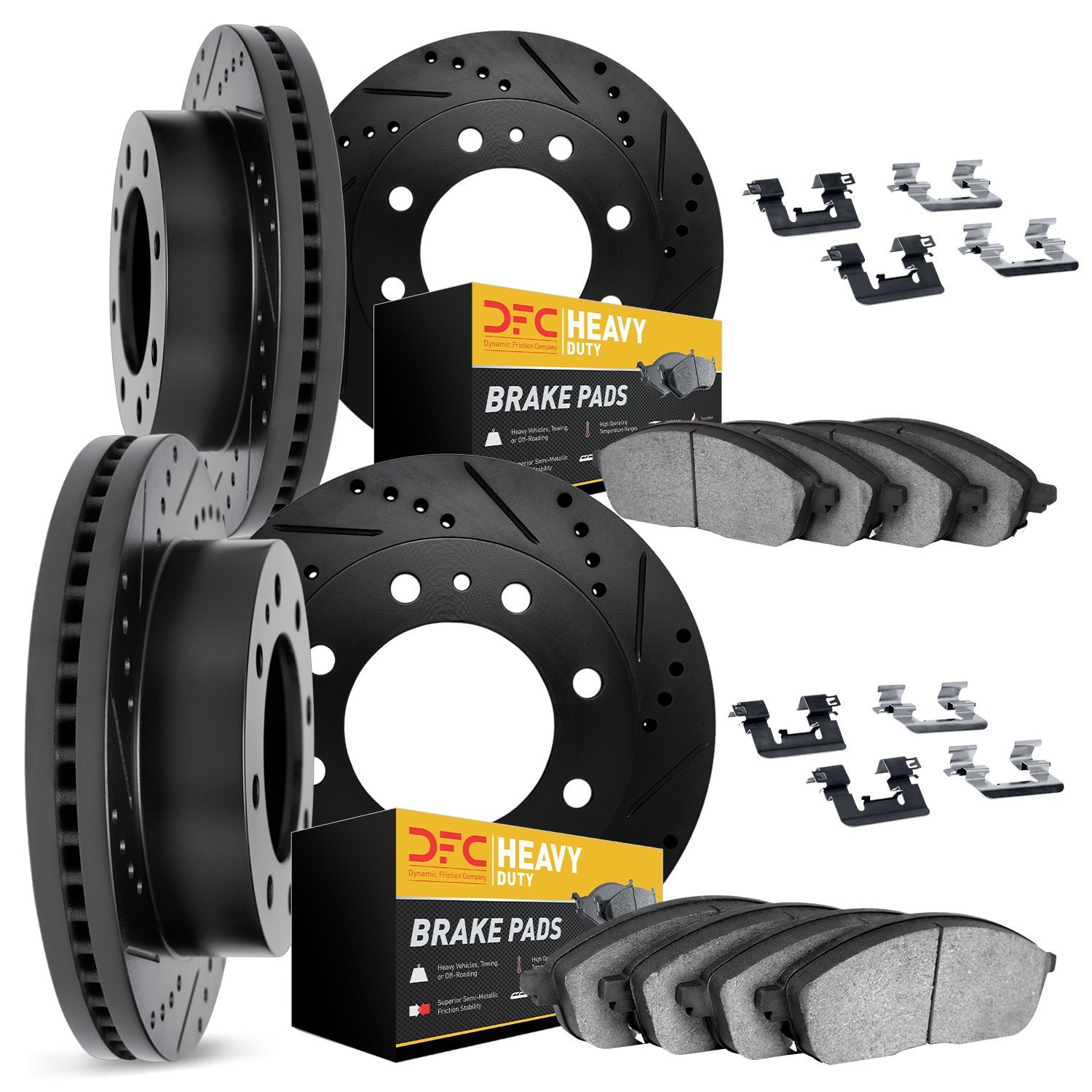 8214-40025 Drilled/Slotted Rotors w/Heavy-Duty Brake Pads Kit & Hardware [Black], 2003-2008 Mopar, Position: Front and Rear