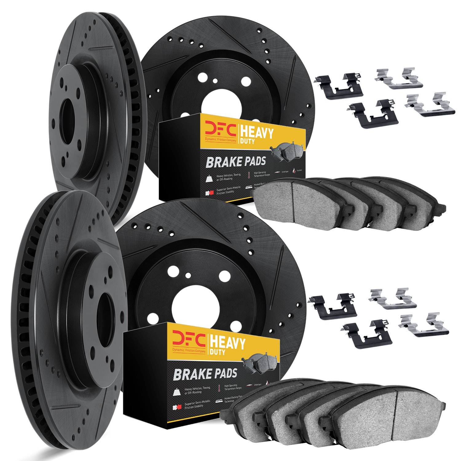 8214-40027 Drilled/Slotted Rotors w/Heavy-Duty Brake Pads Kit & Hardware [Black], 2006-2018 Mopar, Position: Front and Rear