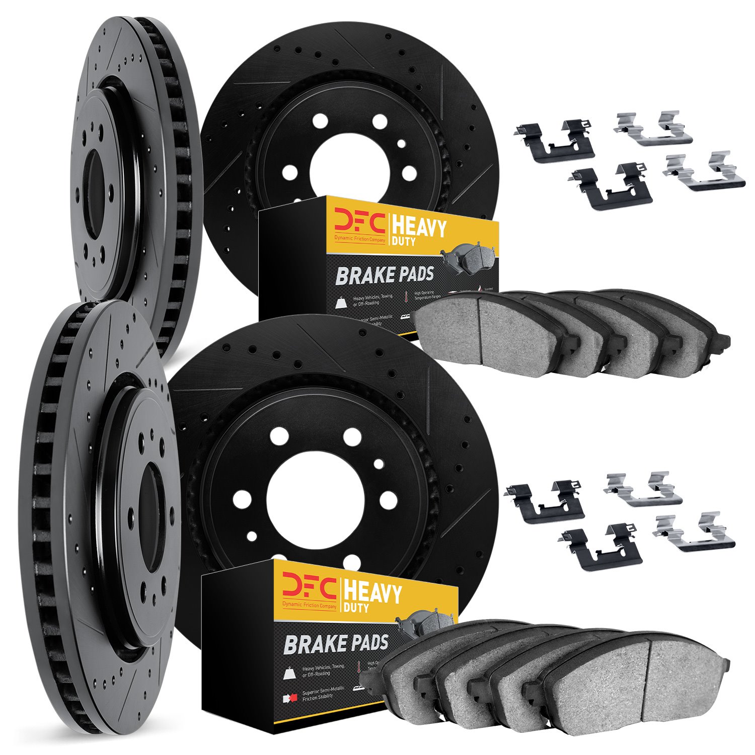 8214-48019 Drilled/Slotted Rotors w/Heavy-Duty Brake Pads Kit & Hardware [Black], 2002-2005 GM, Position: Front and Rear
