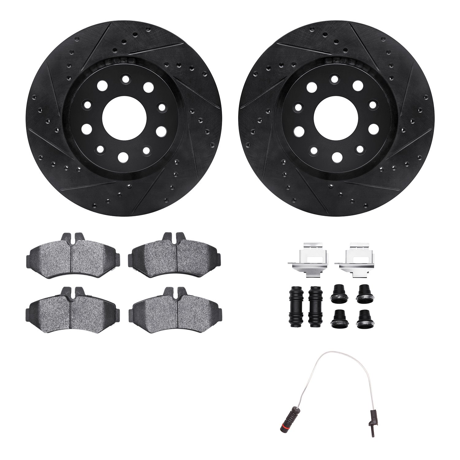 8222-40001 Drilled/Slotted Rotors w/Heavy-Duty Brake Pads/Sensor & Hardware [Silver], 2002-2018 Multiple Makes/Models, Position: