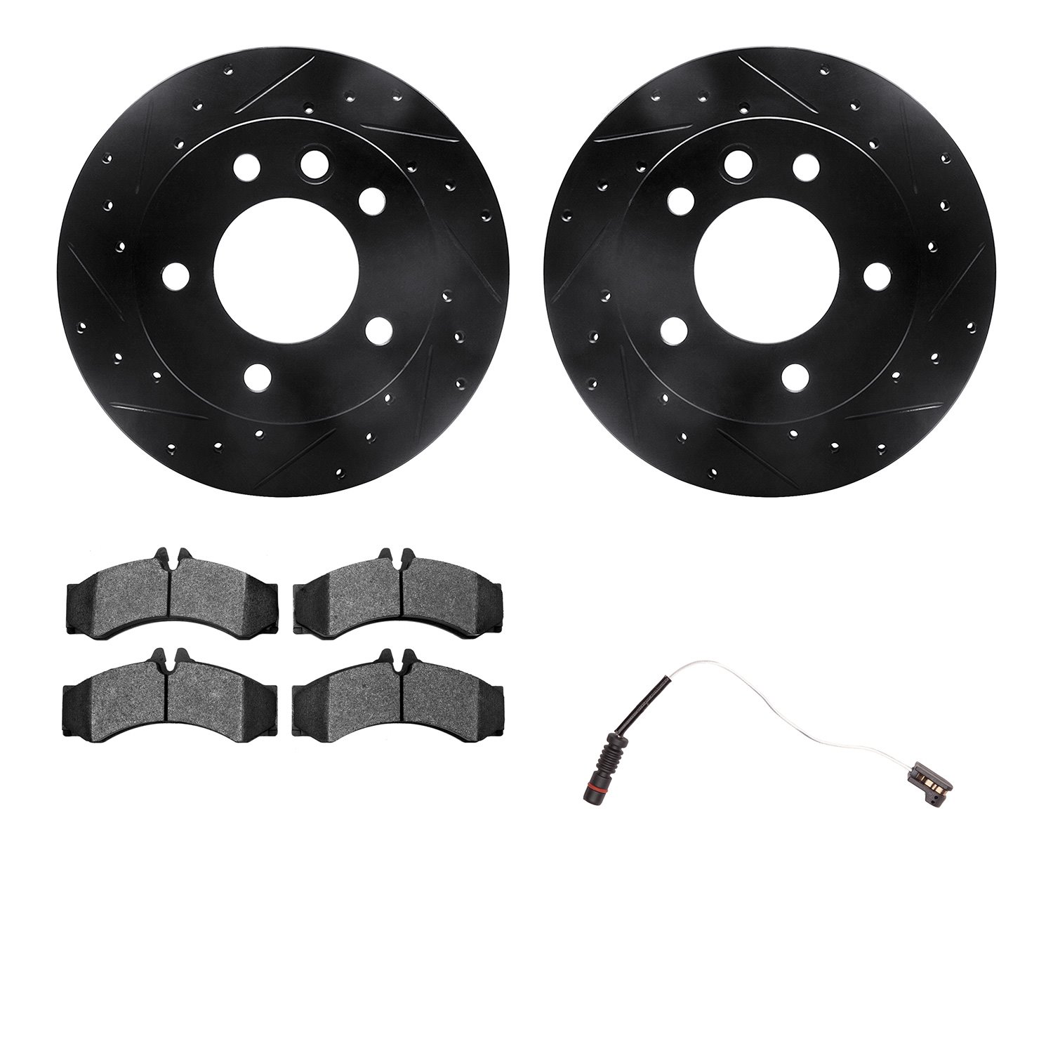 8232-40004 Drilled/Slotted Rotors w/Heavy-Duty Brake Pads Kit & Sensor [Silver], 2002-2006 Multiple Makes/Models, Position: Fron