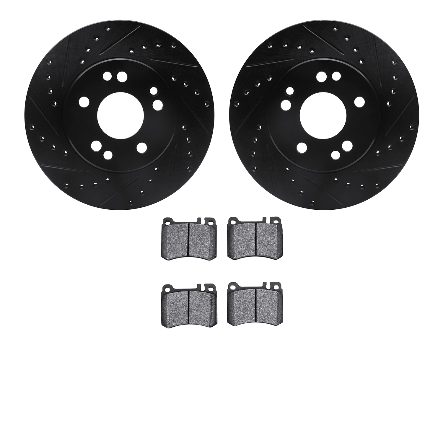 8302-63034 Drilled/Slotted Brake Rotors with 3000-Series Ceramic Brake Pads Kit [Black], 1986-1989 Mercedes-Benz, Position: Fron