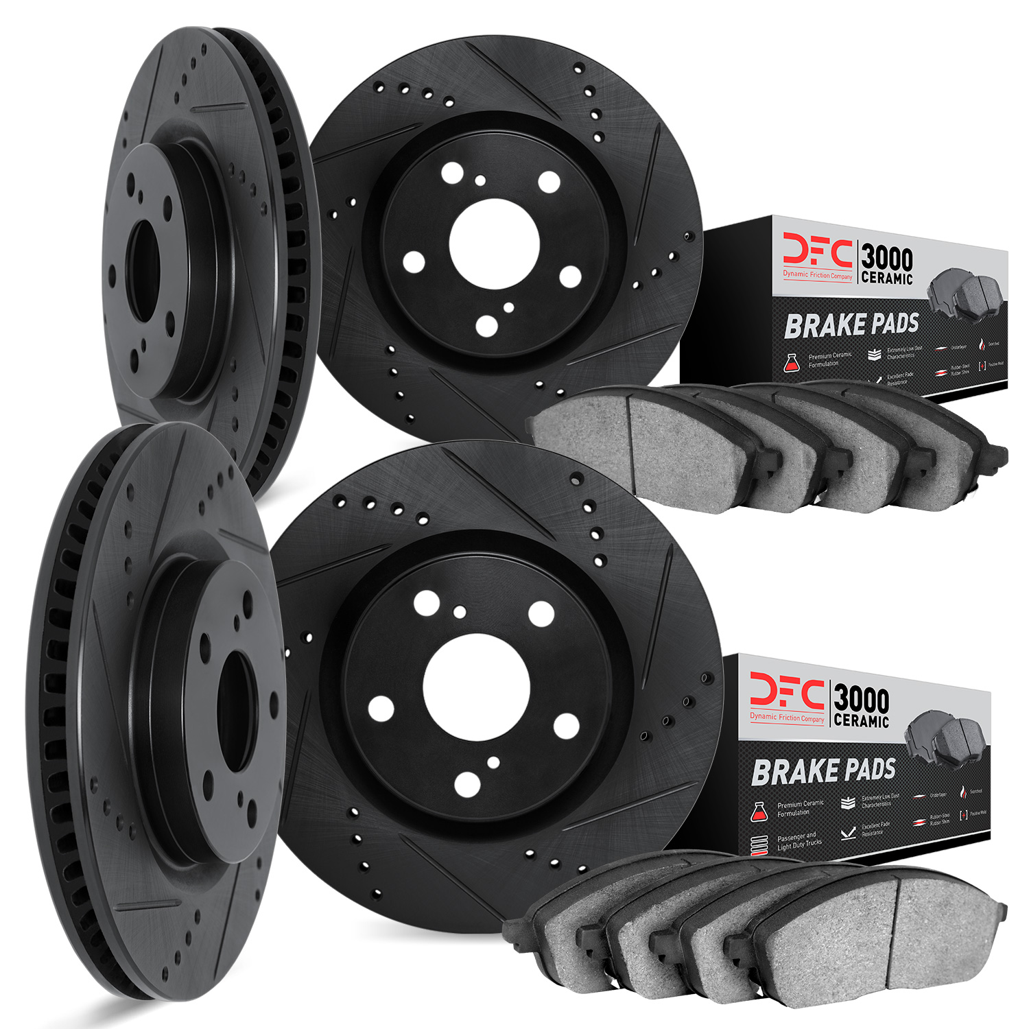 8304-26001 Drilled/Slotted Brake Rotors with 3000-Series Ceramic Brake Pads Kit [Black], 2014-2020 Tesla, Position: Front and Re