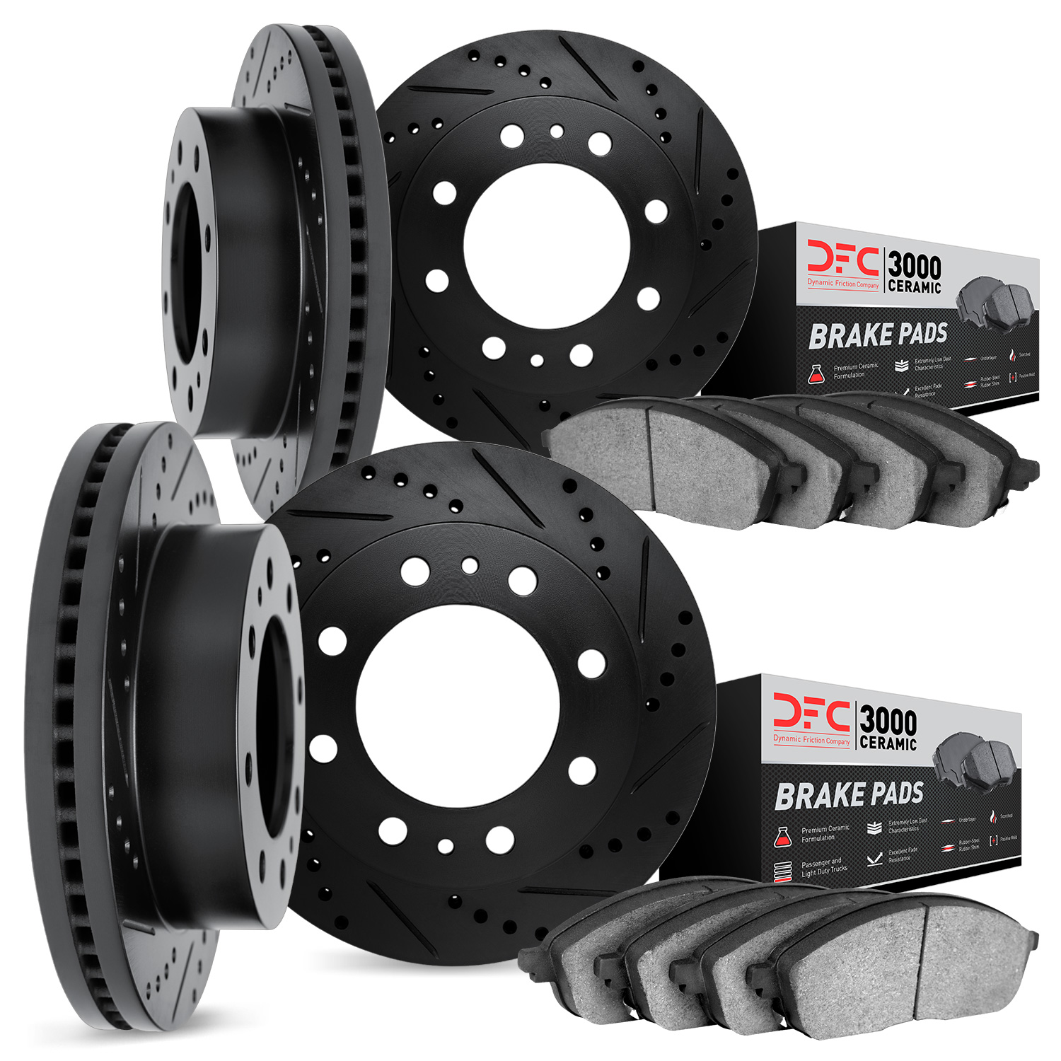 8304-48017 Drilled/Slotted Brake Rotors with 3000-Series Ceramic Brake Pads Kit [Black], 2009-2020 GM, Position: Front and Rear